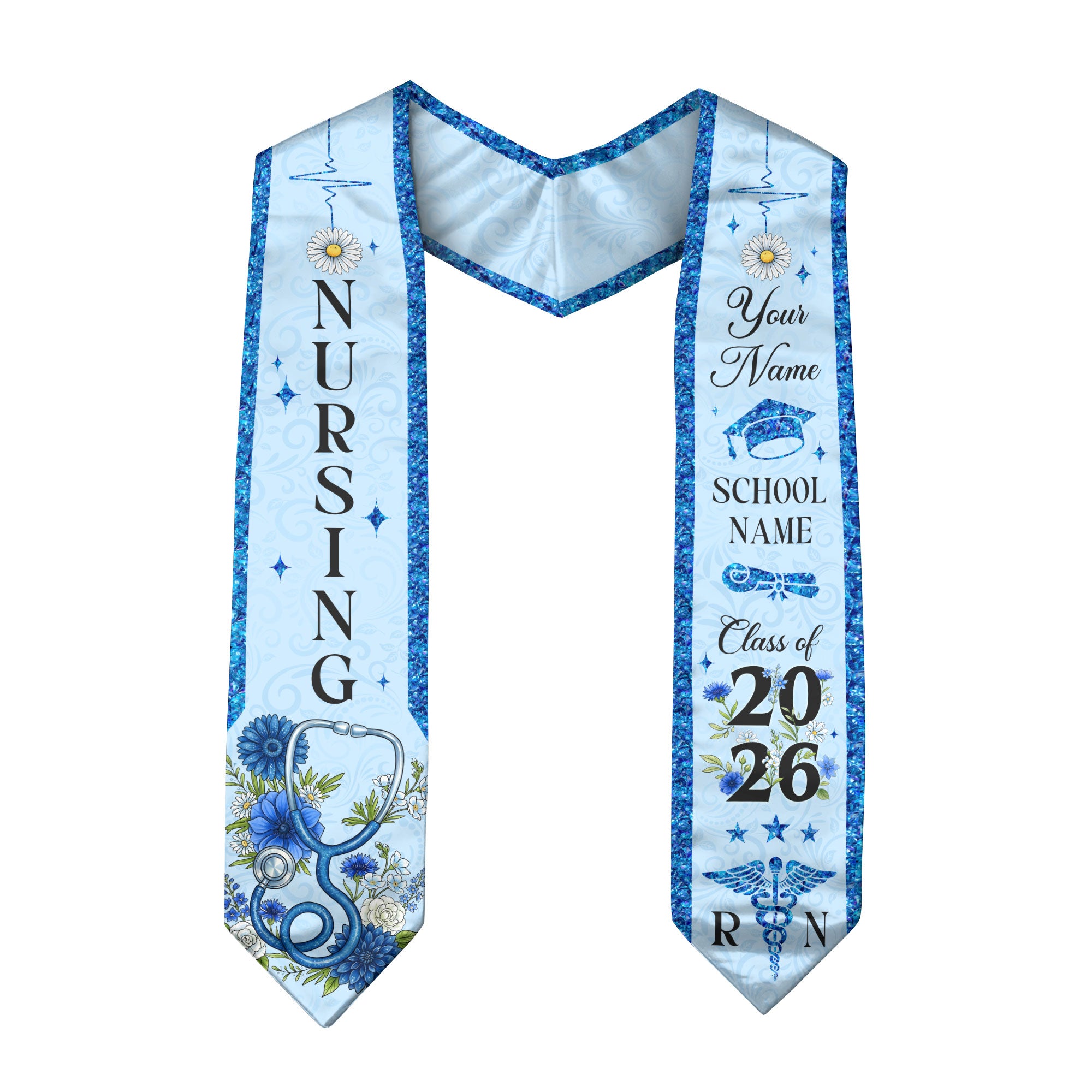 RN Graduation Stole Nursing Class of 2026, Custom Name School, Floral Medical Theme, Personalized Sash Gift