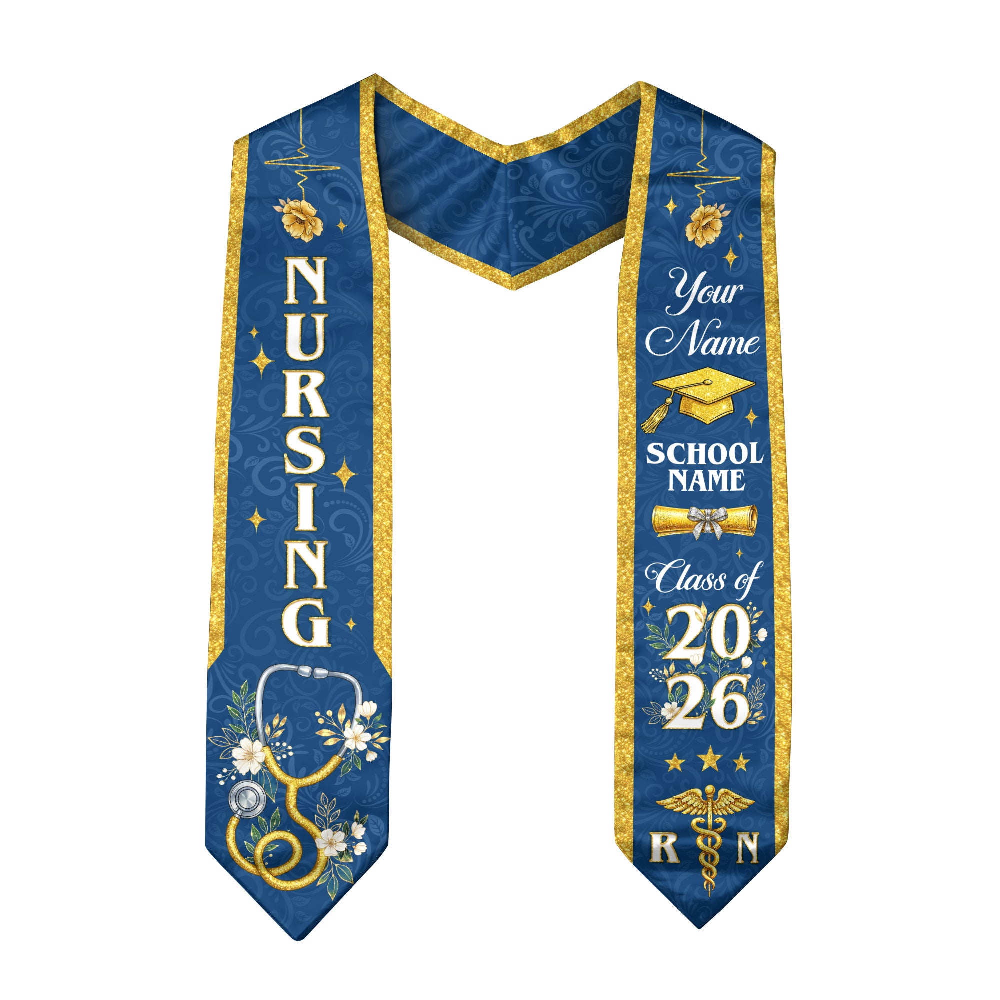 RN Nursing Graduation Stole, Class of 2026, Custom Name School, Stethoscope Pattern, Sash Gift