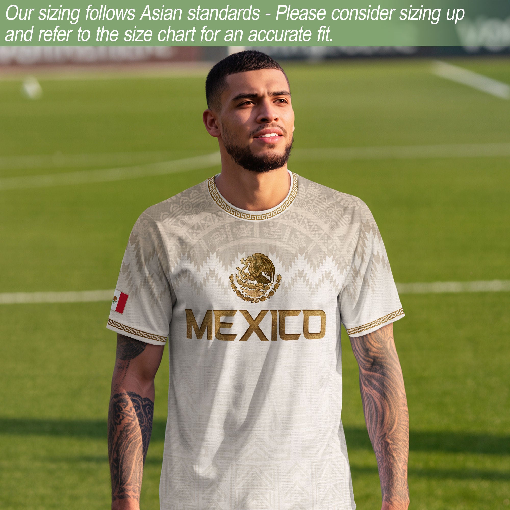 Hung Test Mexico Heritage Orgullo Mexicano Beige Gold Aztec Pyramid Sun Stone Soccer Jersey