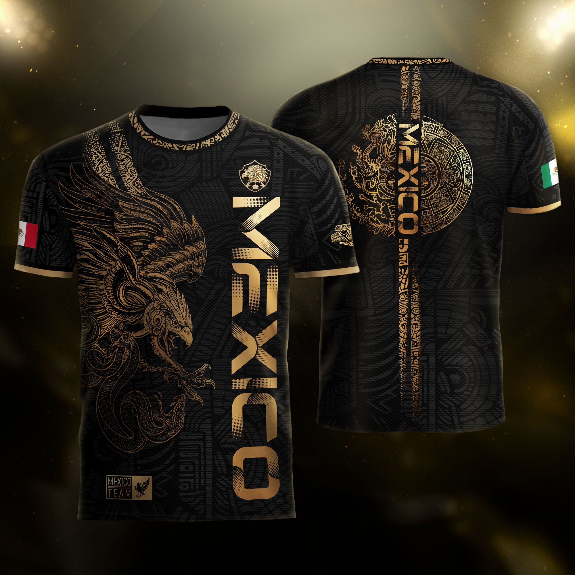 TEST - Mexico Soccer Black Gold Aztec Eagle Heritage Estados Unidos Mexicanos Soccer Jersey Football