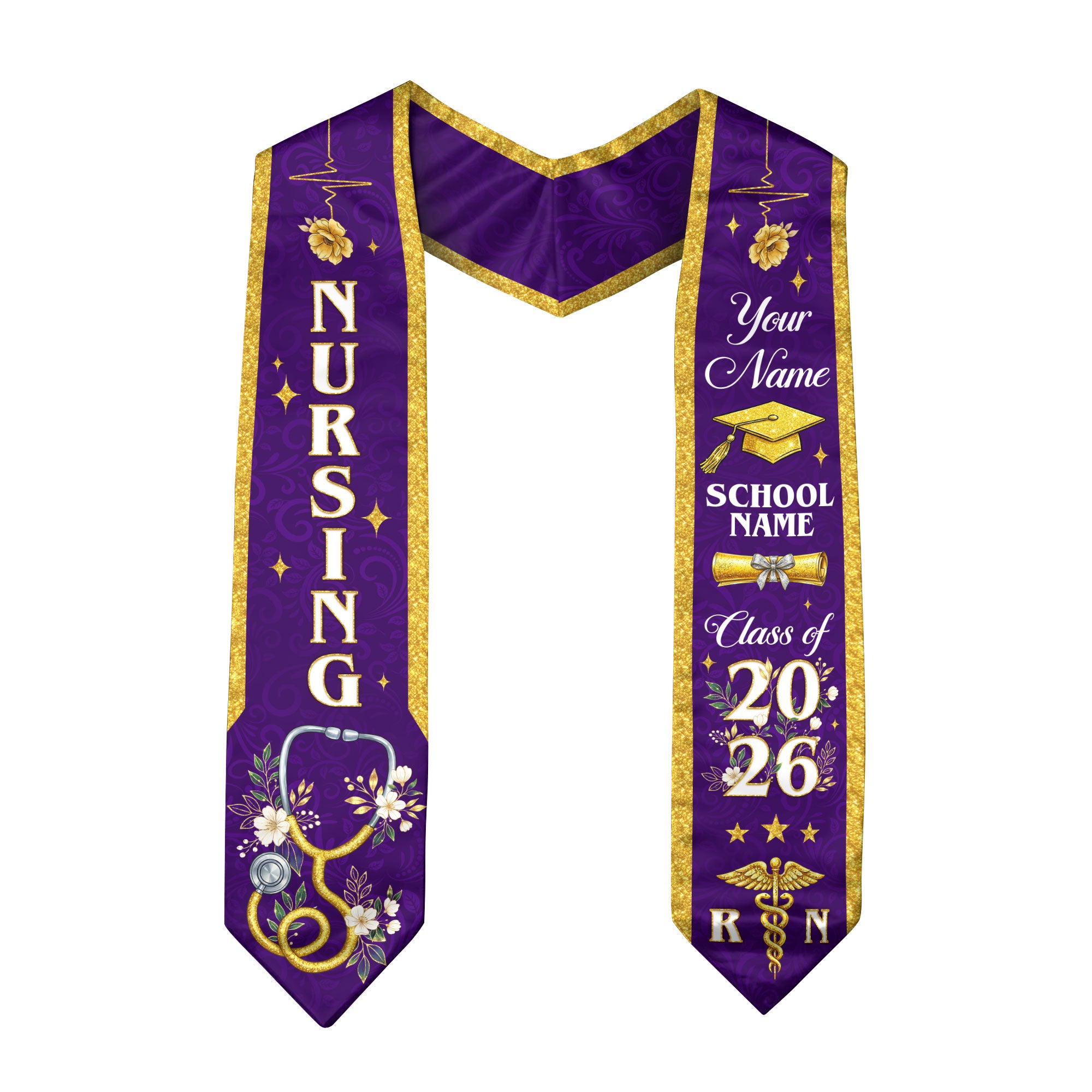 RN Nursing Graduation Stole, Class of 2026, Custom Name School, Stethoscope Pattern, Sash Gift