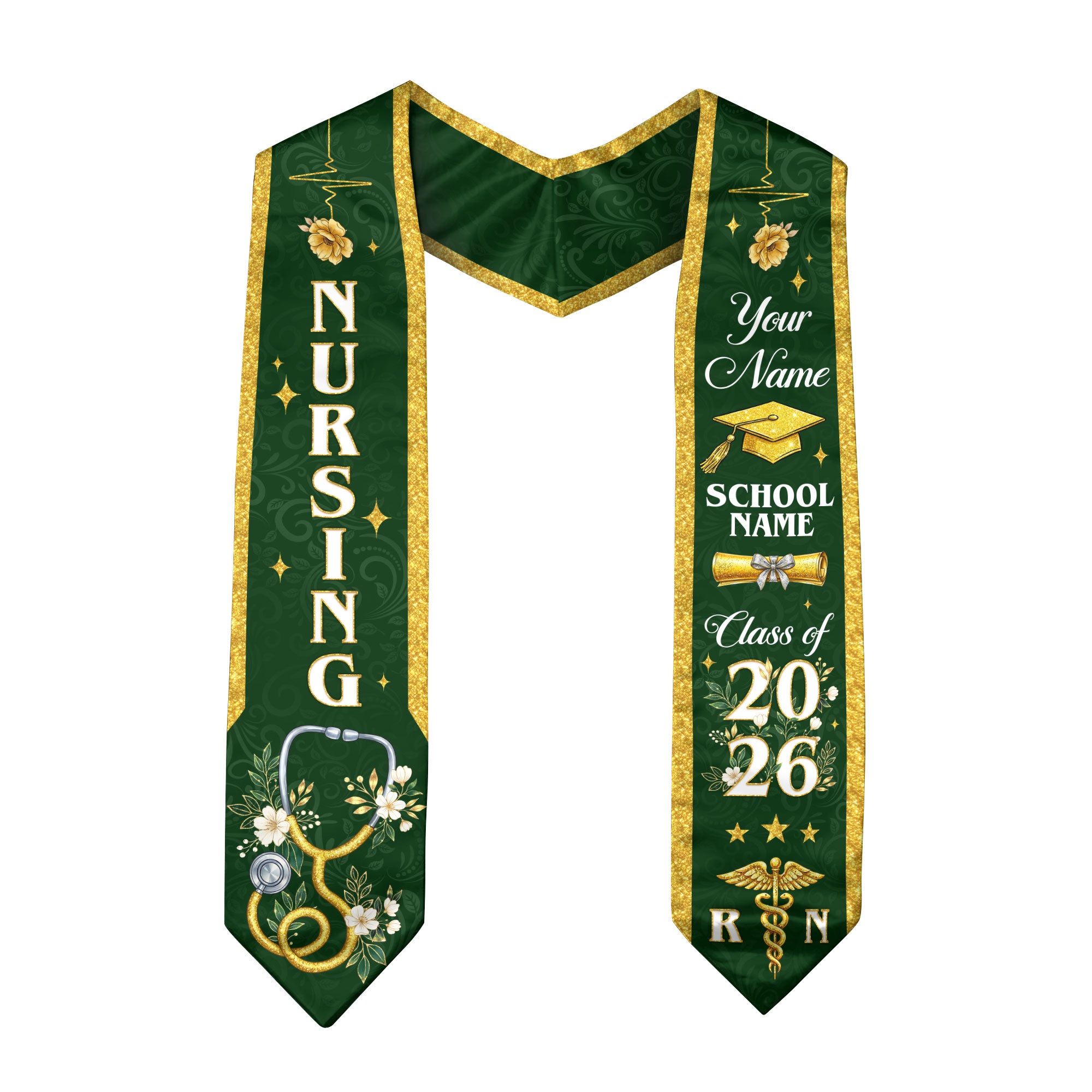 RN Nursing Graduation Stole, Class of 2026, Custom Name School, Stethoscope Pattern, Sash Gift