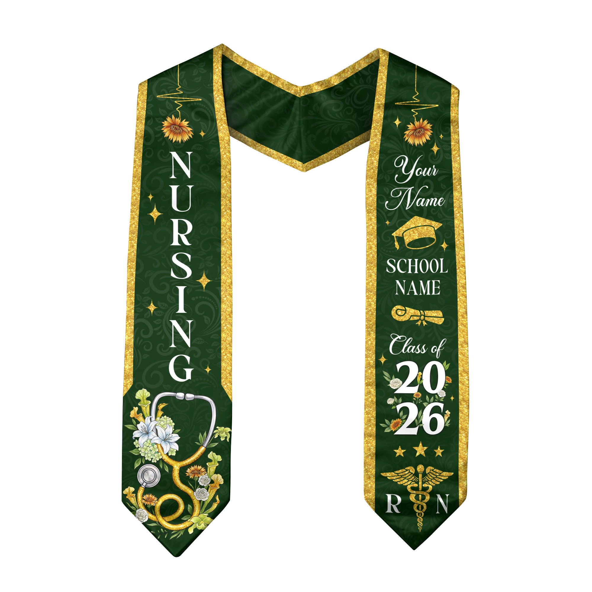 RN Graduation Stole Nursing Class of 2026, Custom Name School, Floral Medical Theme, Personalized Sash Gift