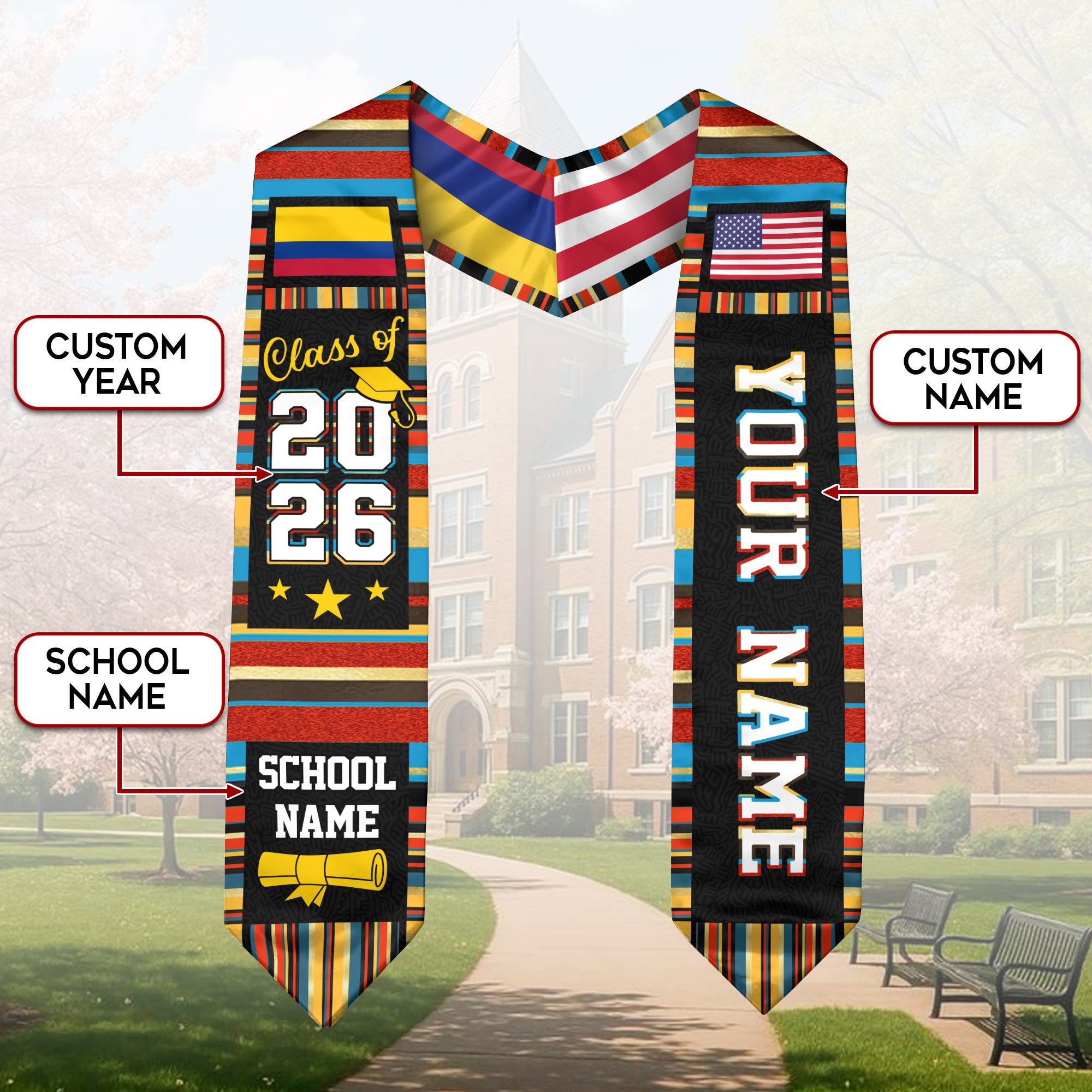 Colombia Graduation Stole 2026, Colombian Flag Sash, Custom Accent Graduation Stole 2026