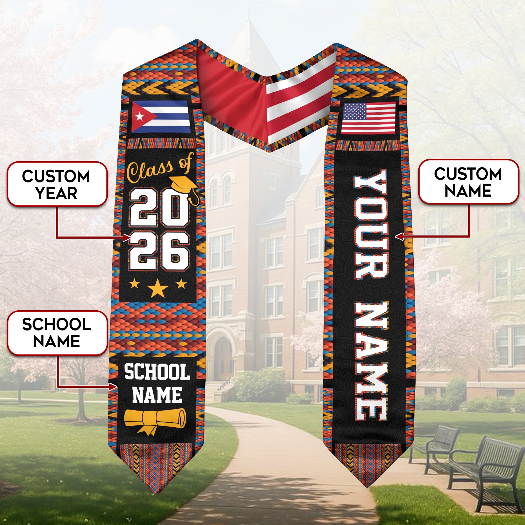 Cuba Graduation Stole 2026, Cuban Flag Sash, Custom Accent Graduation Stole for 2026