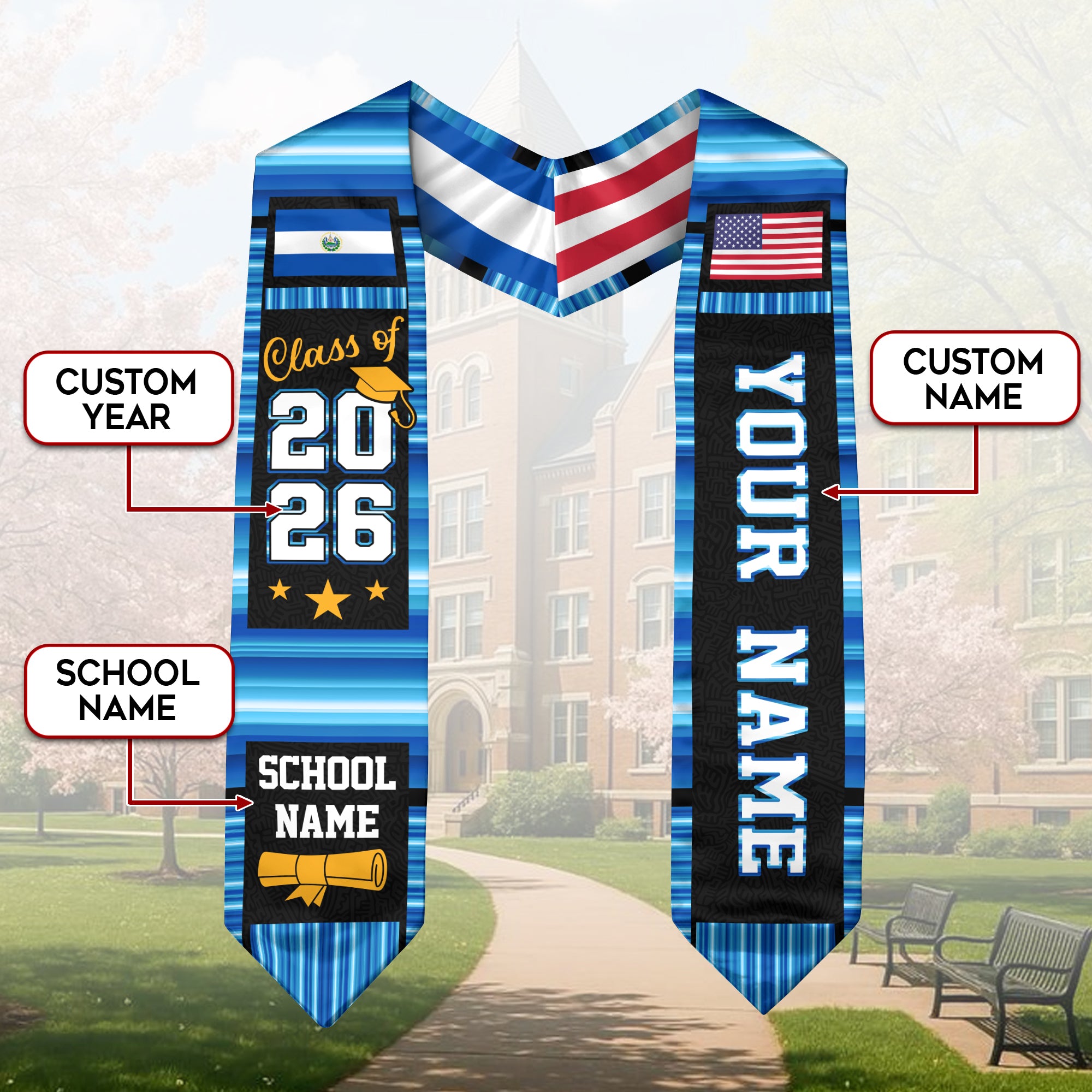 El Salvador Graduation Stole 2026, El Salvador Flag Sash, Custom Accent Grad Stole 2026