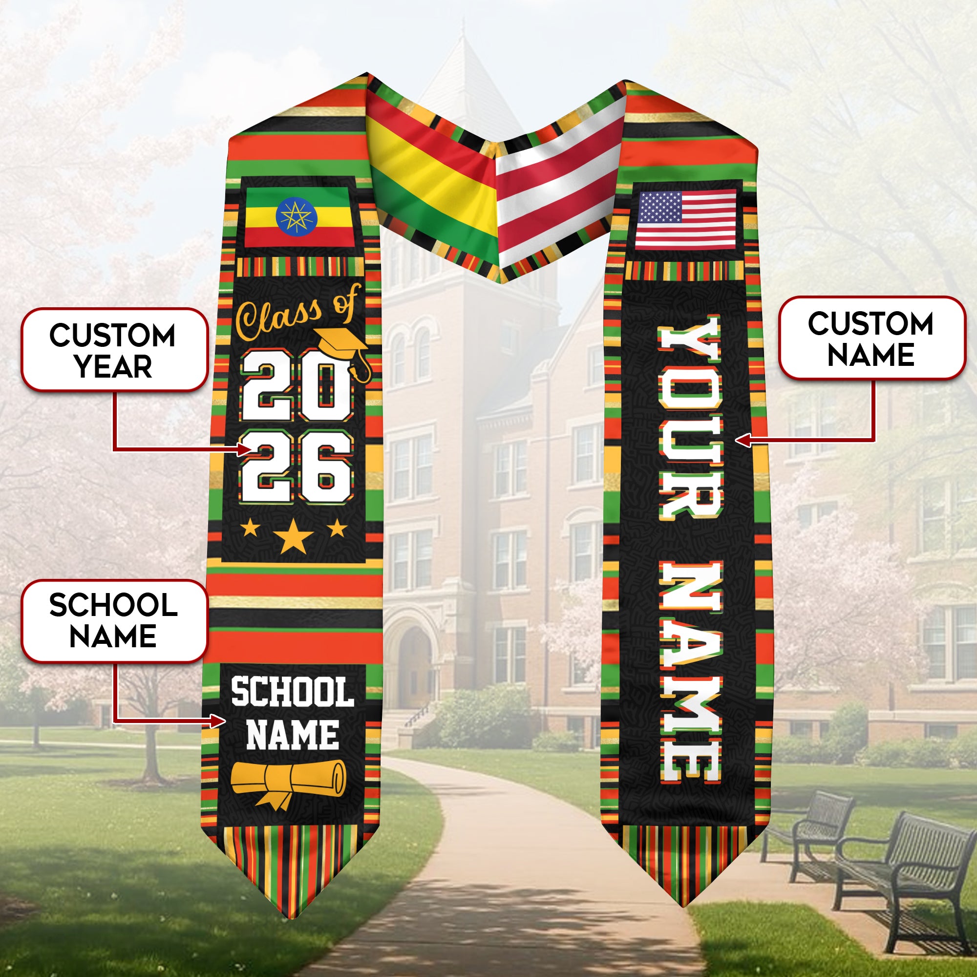 Ethiopia Graduation Stole 2026, Ethiopian Flag Sash, Graduation Stole with Custom Accent