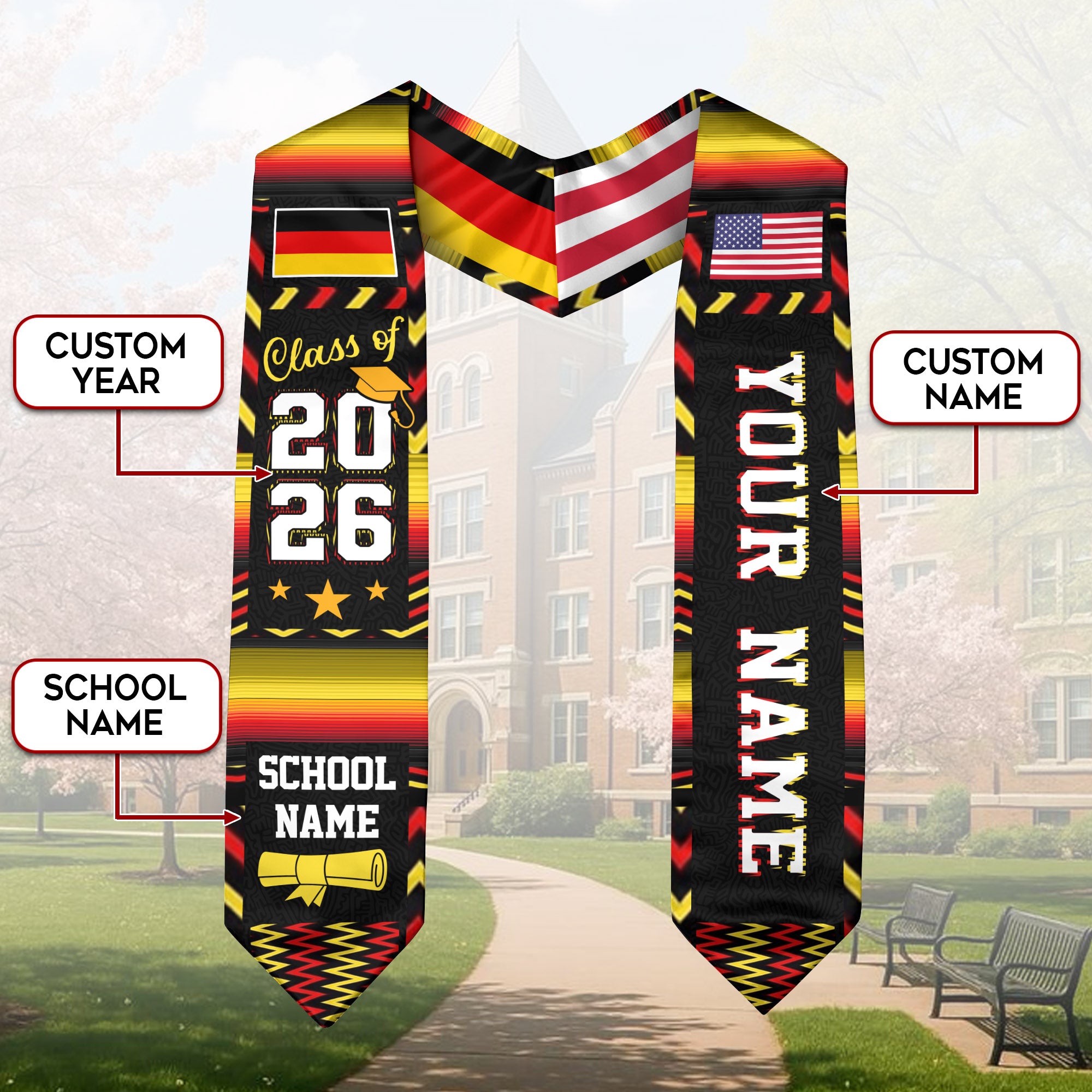 Germany Graduation Stole 2026, German Flag Sash, Graduation Stole with Custom Accent