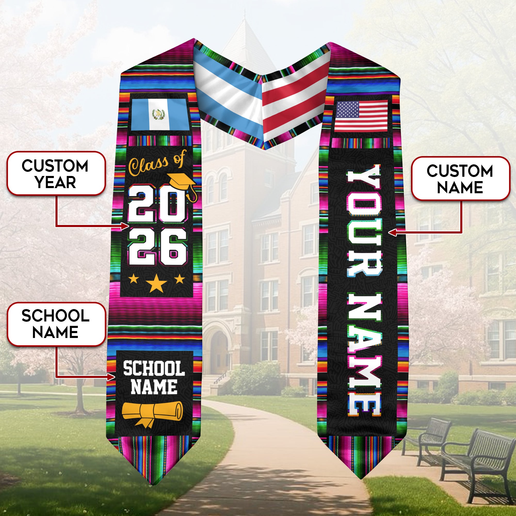 Guatemala Graduation Custom Stole 2026, Guatemalan Flag Sash, Graduation Stole with Custom Accent