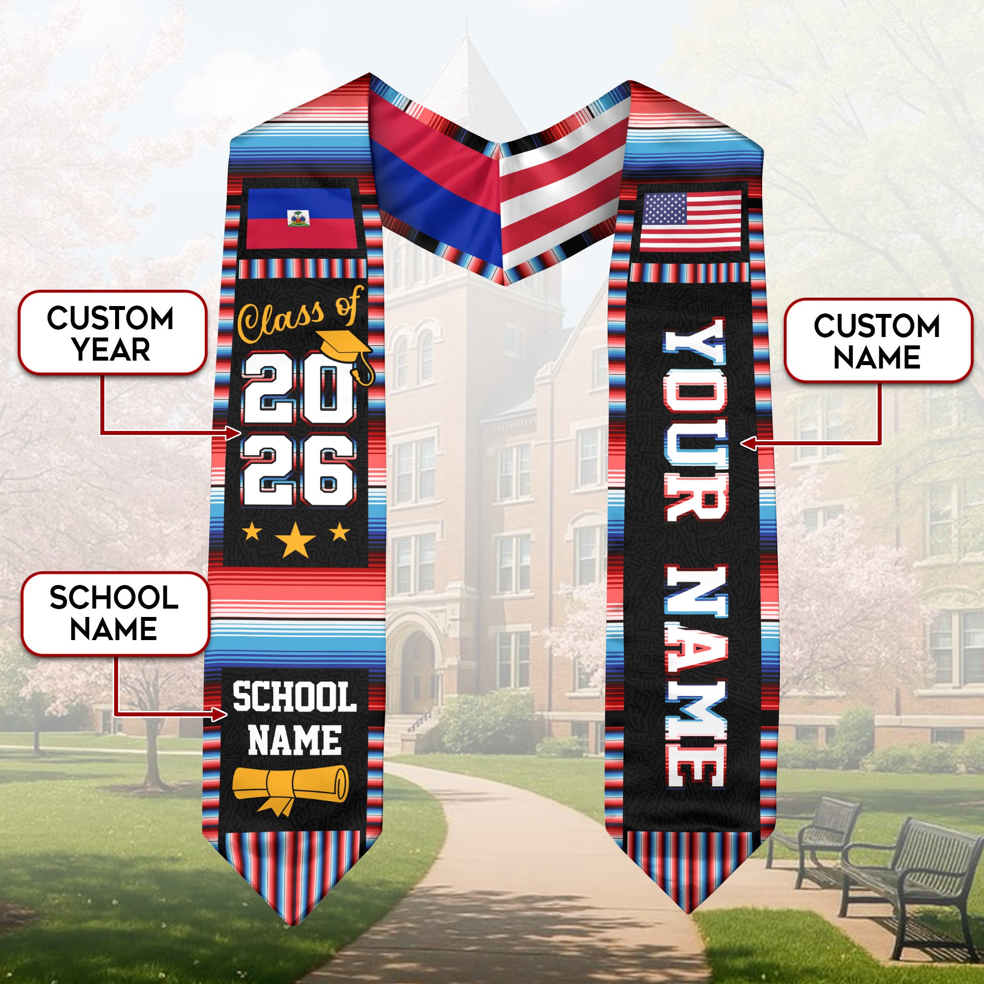 Haitian Graduation Stole 2026, Haiti Flag Sash, Class of 2026 Grad with Custom