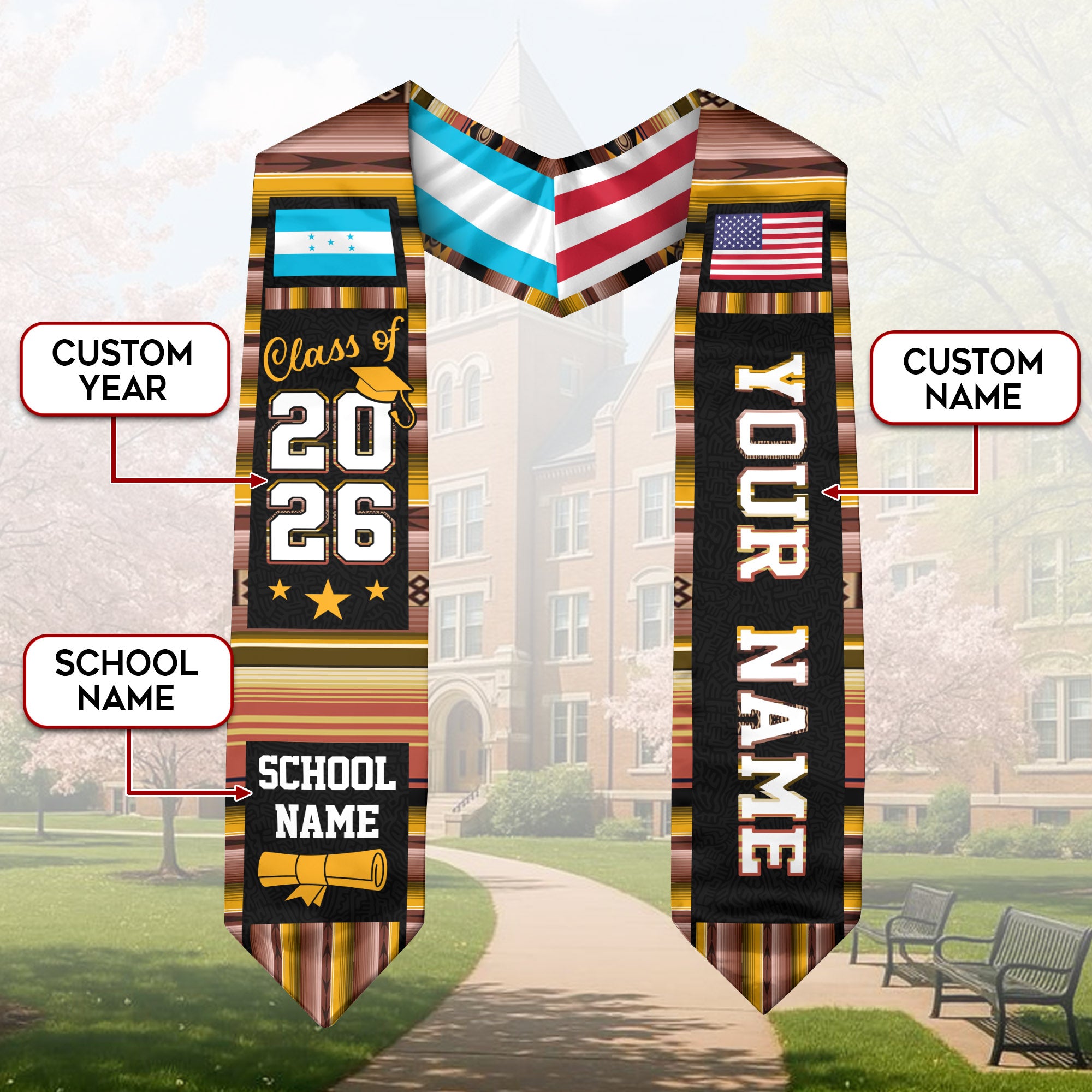 Honduras Graduation Stole 2026, Honduran Flag Sash, Class of 2026 Custom Trim for Grads