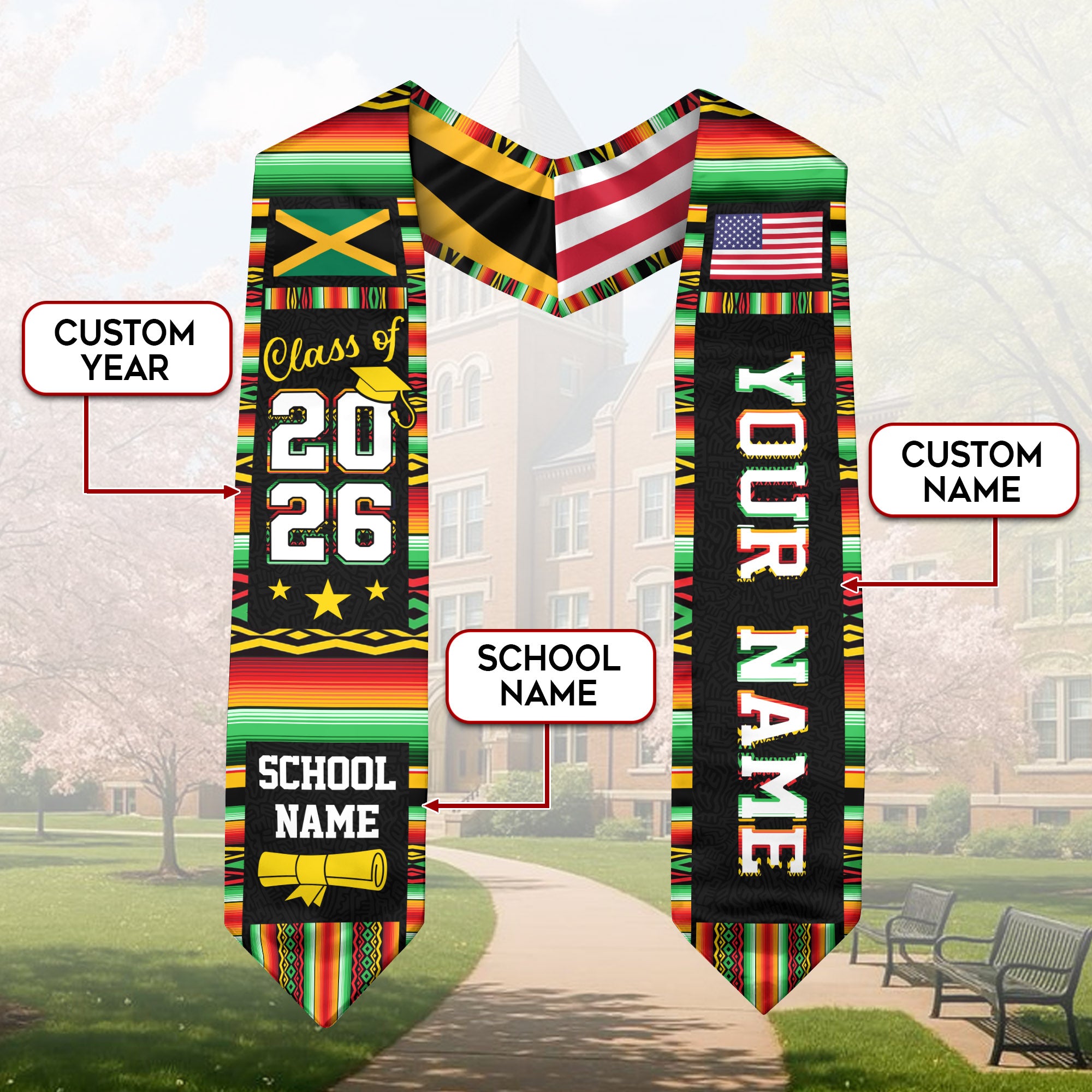 Jamaica Graduation Stole 2026, Jamaican Flag Sash, Class of 2026 Custom Trim for Grads