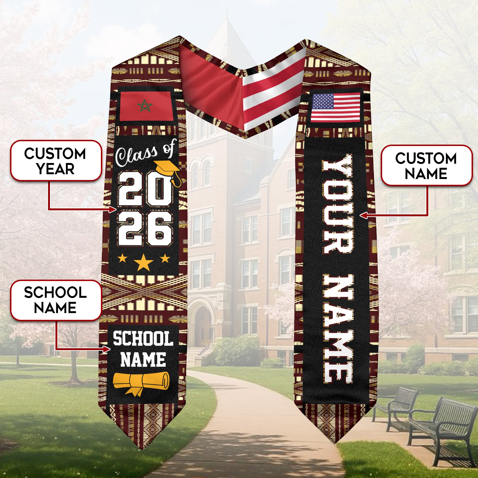 Morocco Graduation Stole 2026, Moroccan Flag Sash, Class of 2026 Custom Trim for Grads