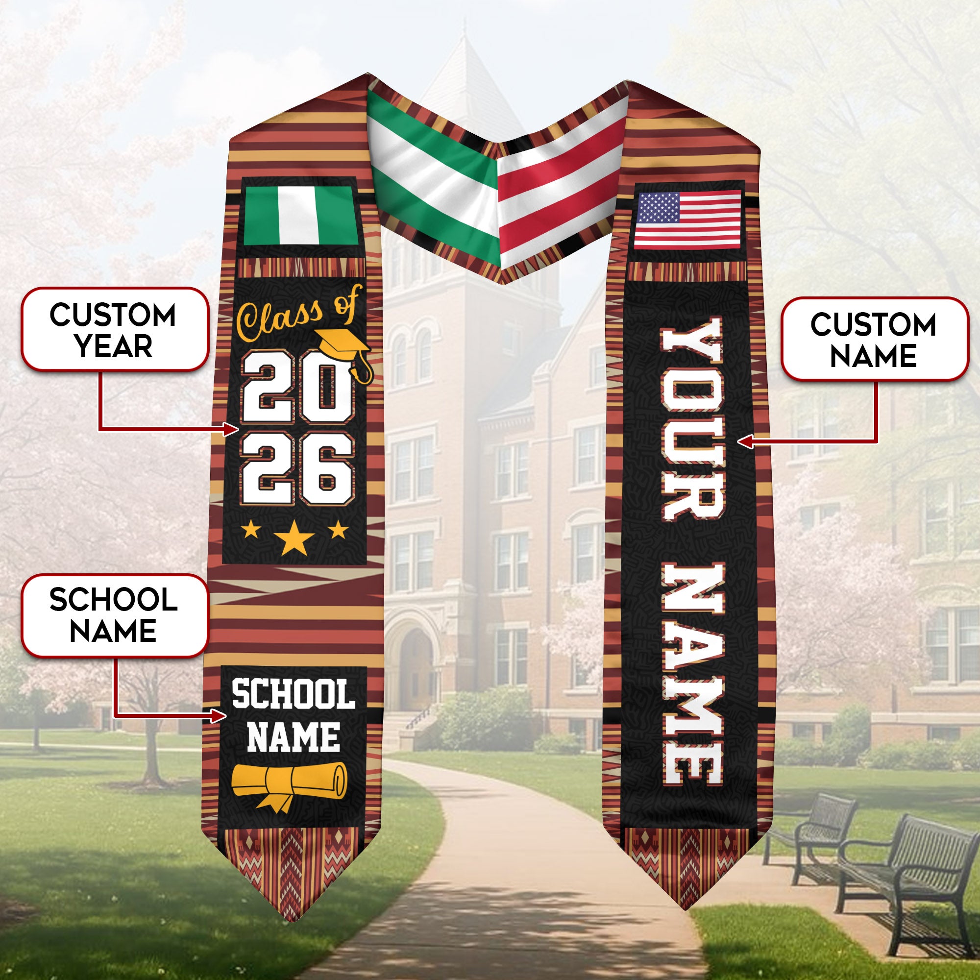 Nigeria Graduation Stole 2026, Nigerian Flag Sash, Class of 2026 Custom Trim for Grads