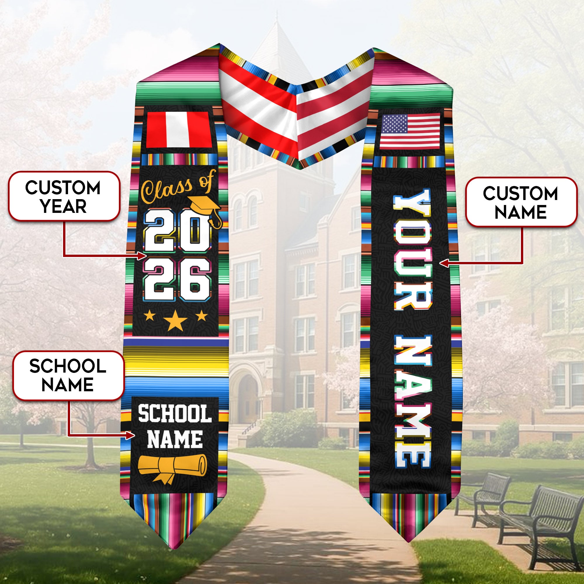 Peru Graduation Stole 2026, Peruvian Flag Sash, Class of 2026 Custom Trim for Grads