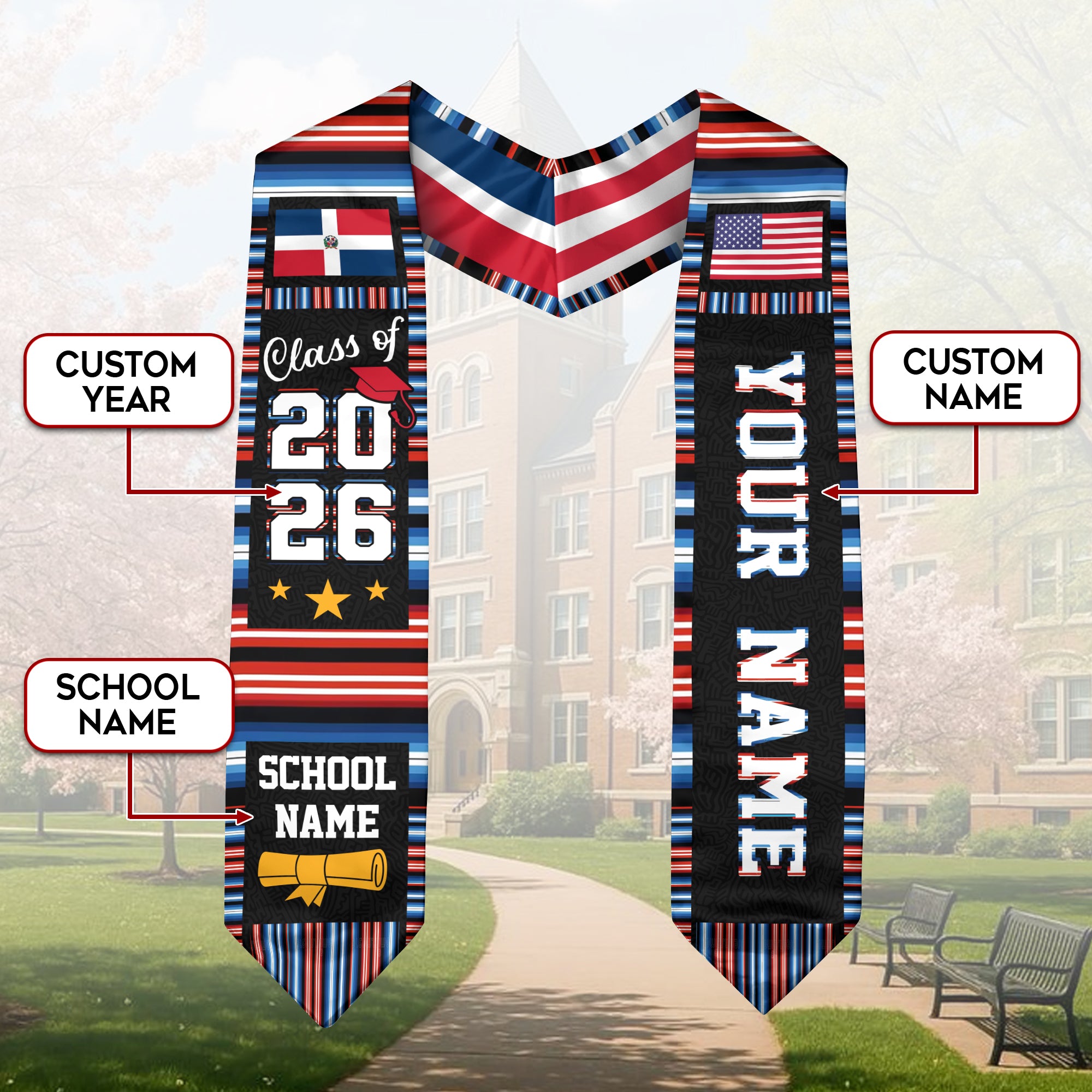 Dominican Republic Graduation Stole 2026, Dominican Republic Flag Graduation Sash, Custom Accent Grad Stole