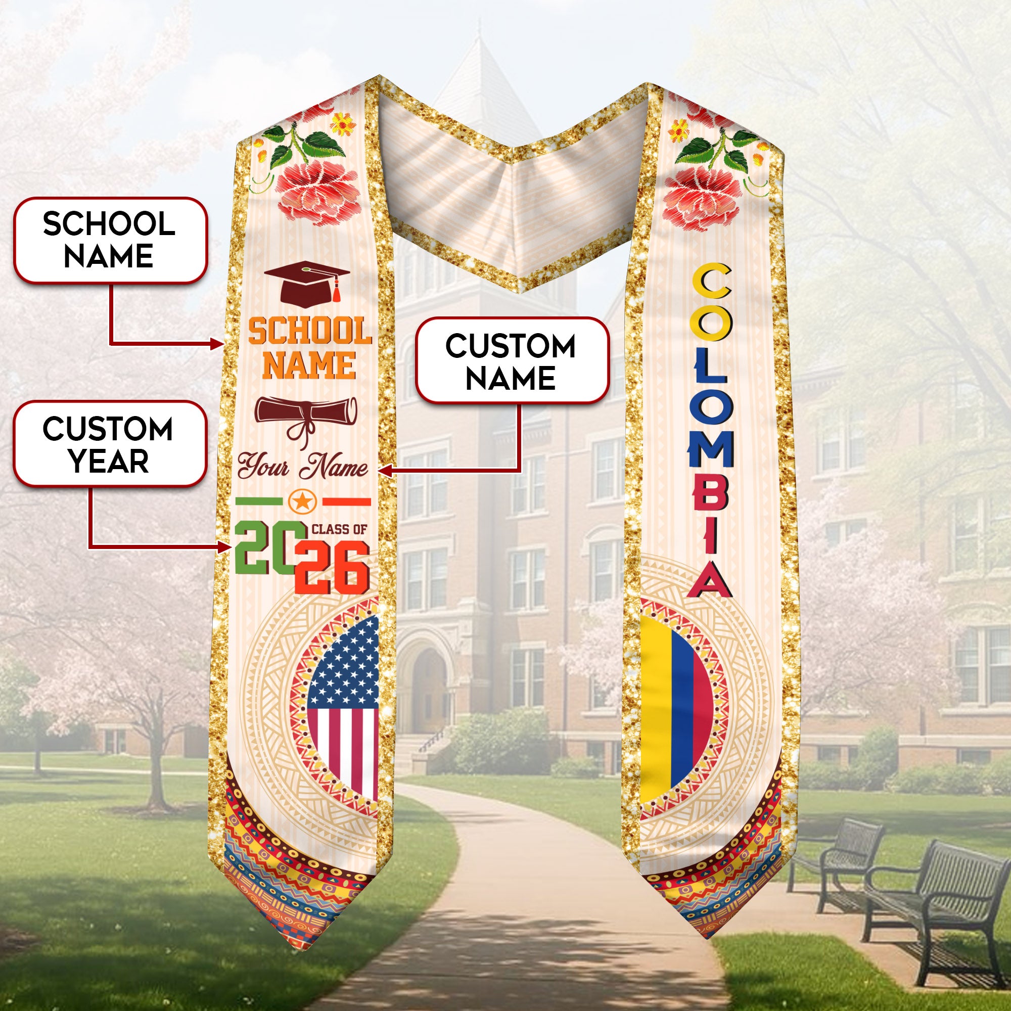 Colombian Flag Graduation Sash 2026, Colombia Stole Sash, Custom Touch for Graduates
