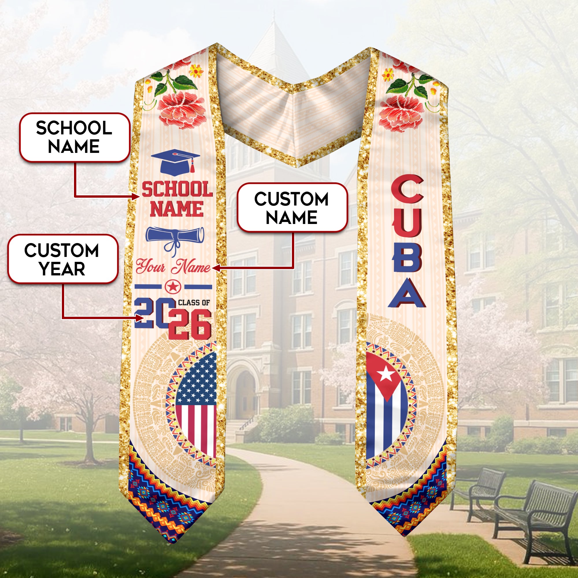 Cuban Flag Graduation Sash 2026, Cuba Stole Sash, Custom Touch for Class of 2026