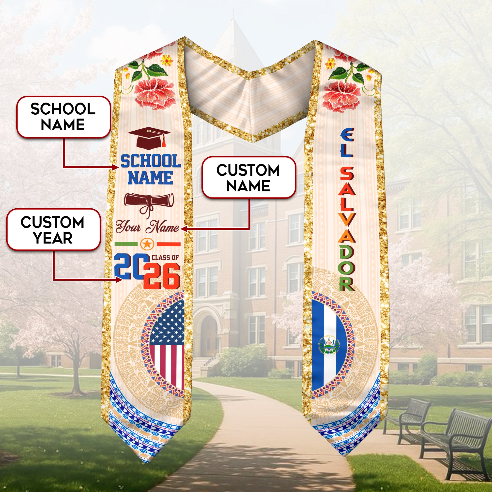 Salvadoran Flag Graduation Sash 2026, El Salvador Stole Sash, Custom Touch for Grads