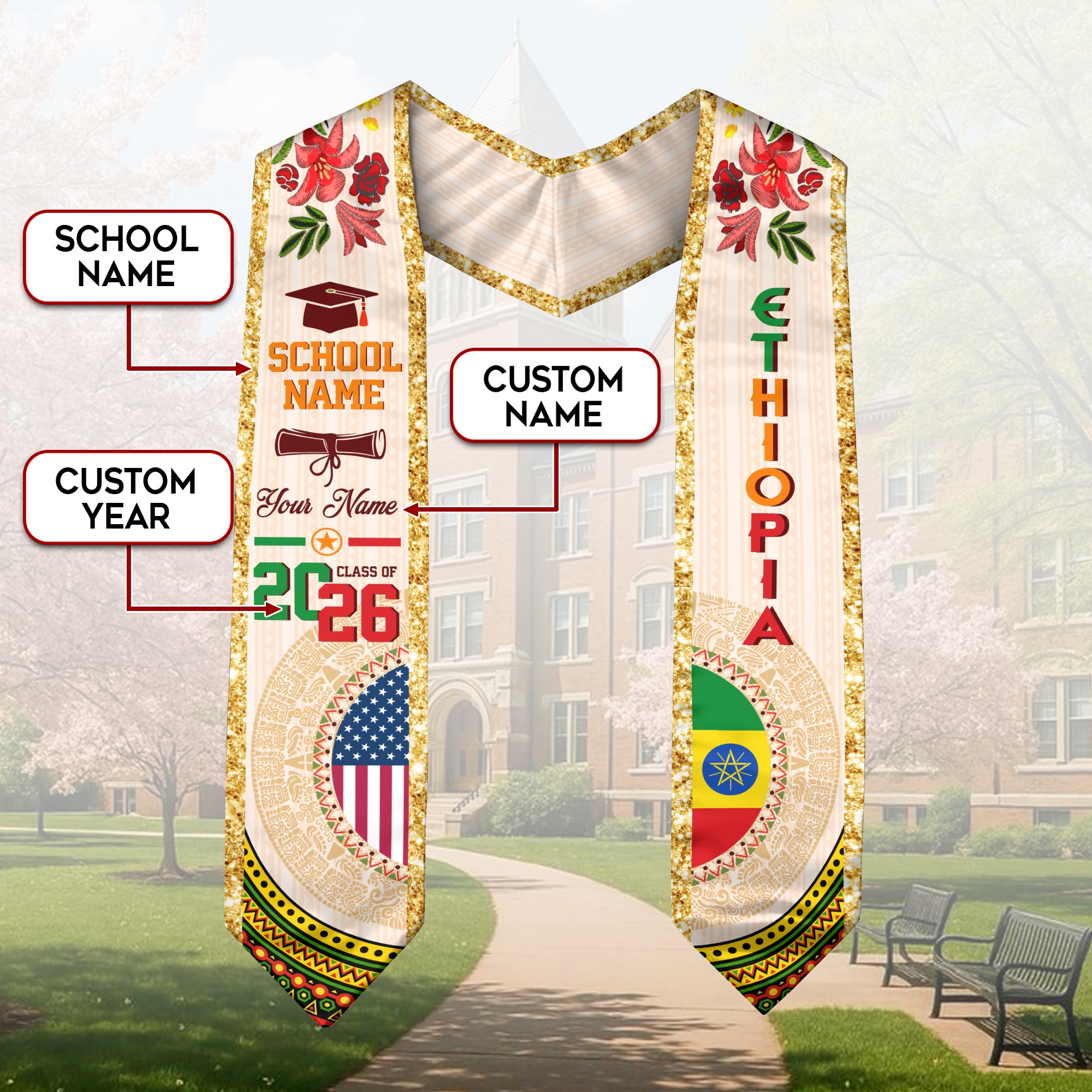 Ethiopian Flag Graduation Sash 2026, Ethiopia Graduation Stole, Customizable Detail Stole