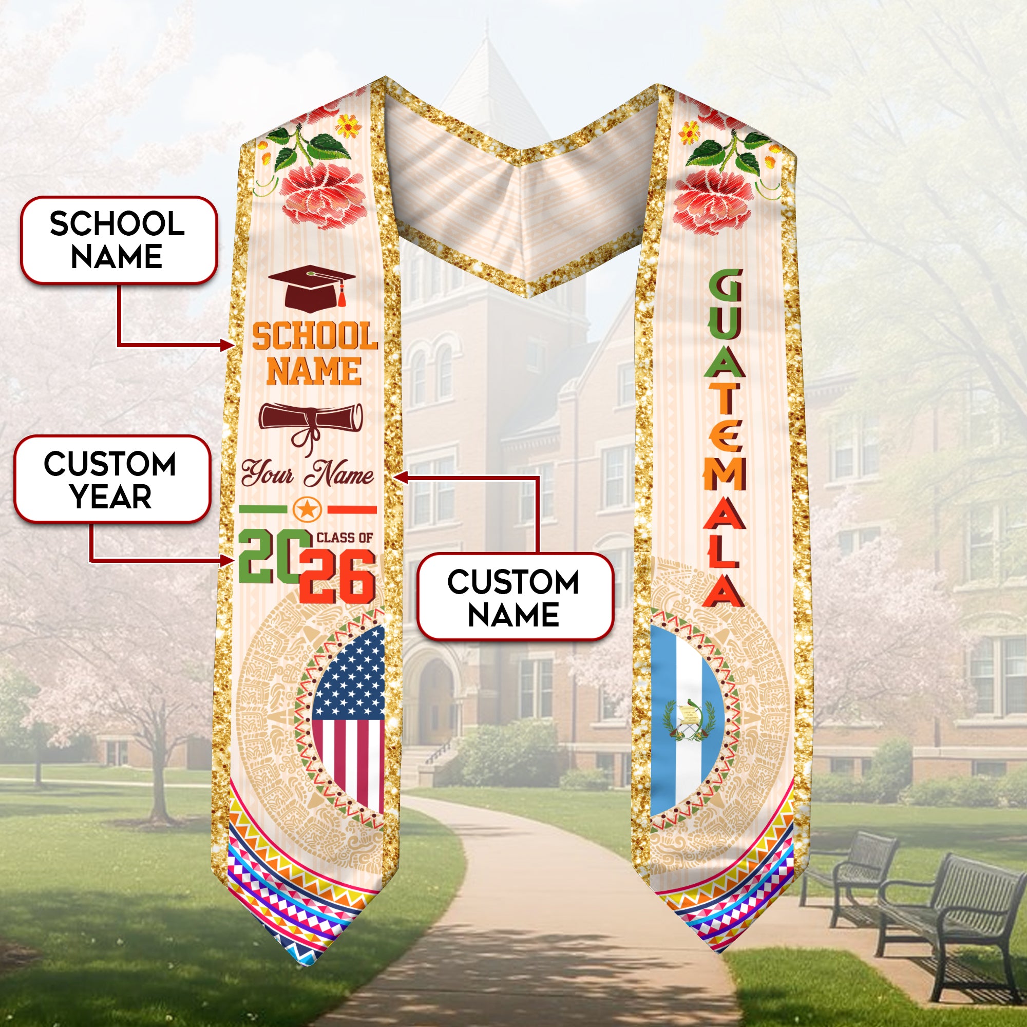 Guatemalan Flag Graduation Sash 2026, Guatemala Graduation Stole, Customizable Detail Stole