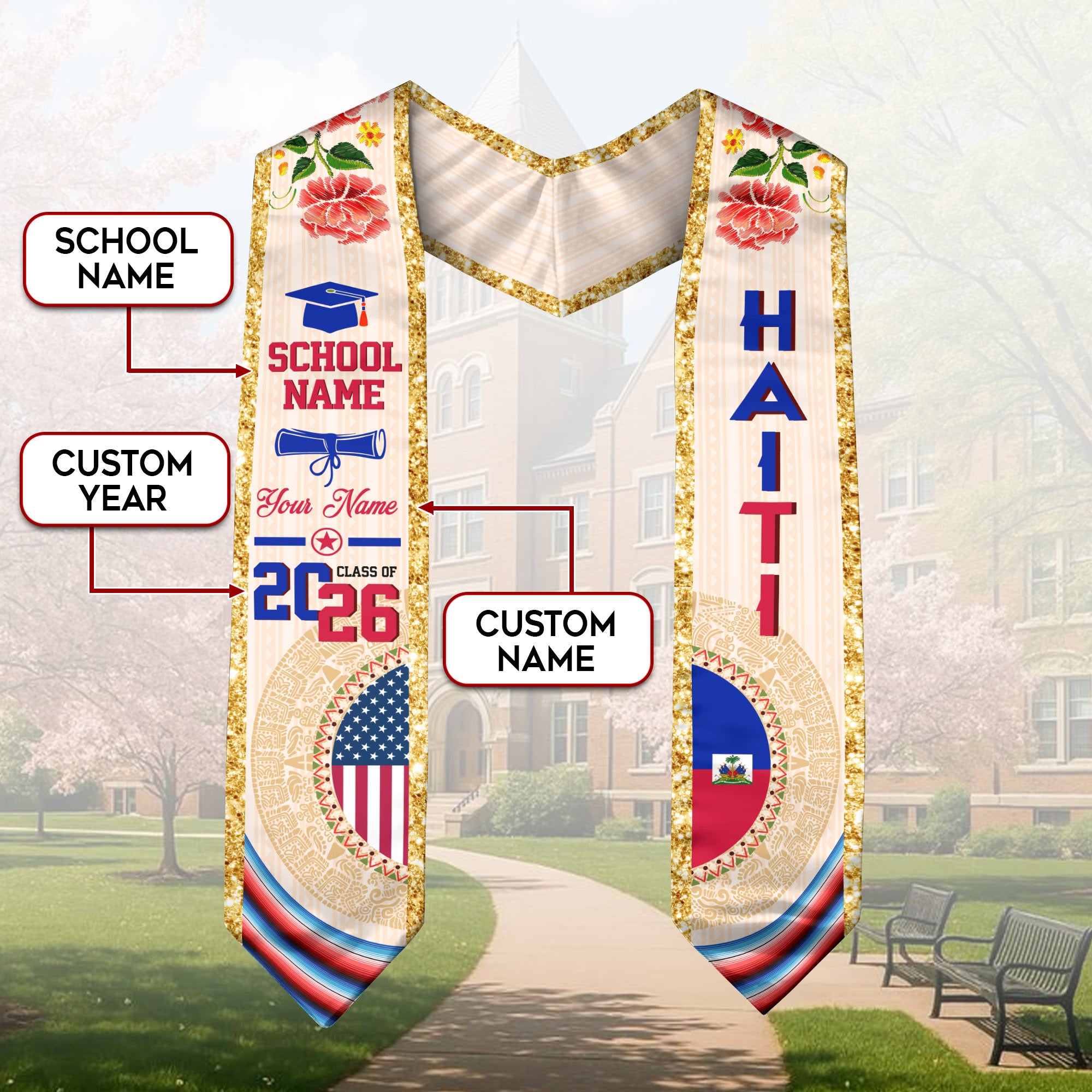 Haiti Flag Graduation Sash 2026, Haitian Stole for Grads, Custom Detail Option 2026