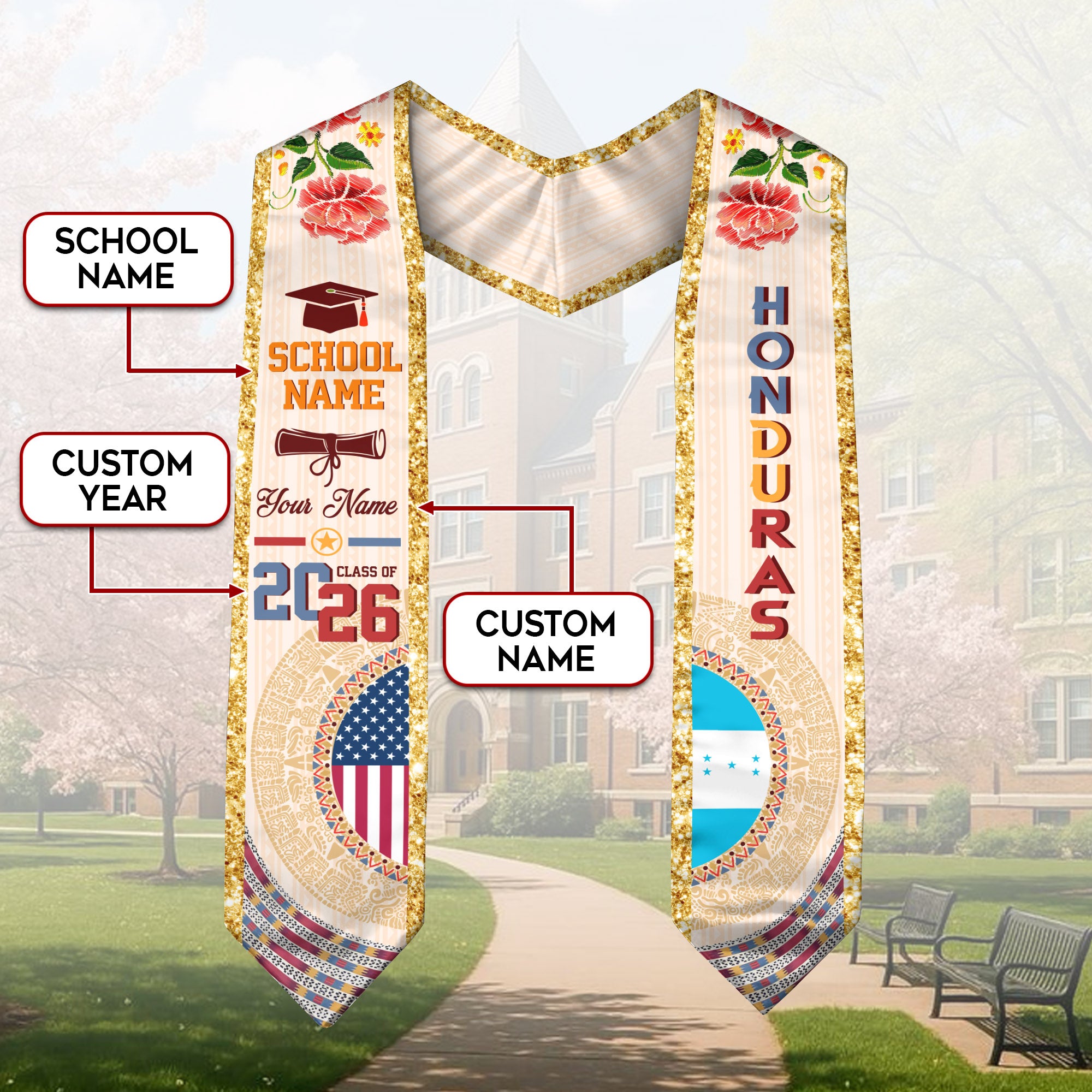 Honduran Flag Graduation Sash 2026, Honduras Stole, Custom Detail Option for Grads
