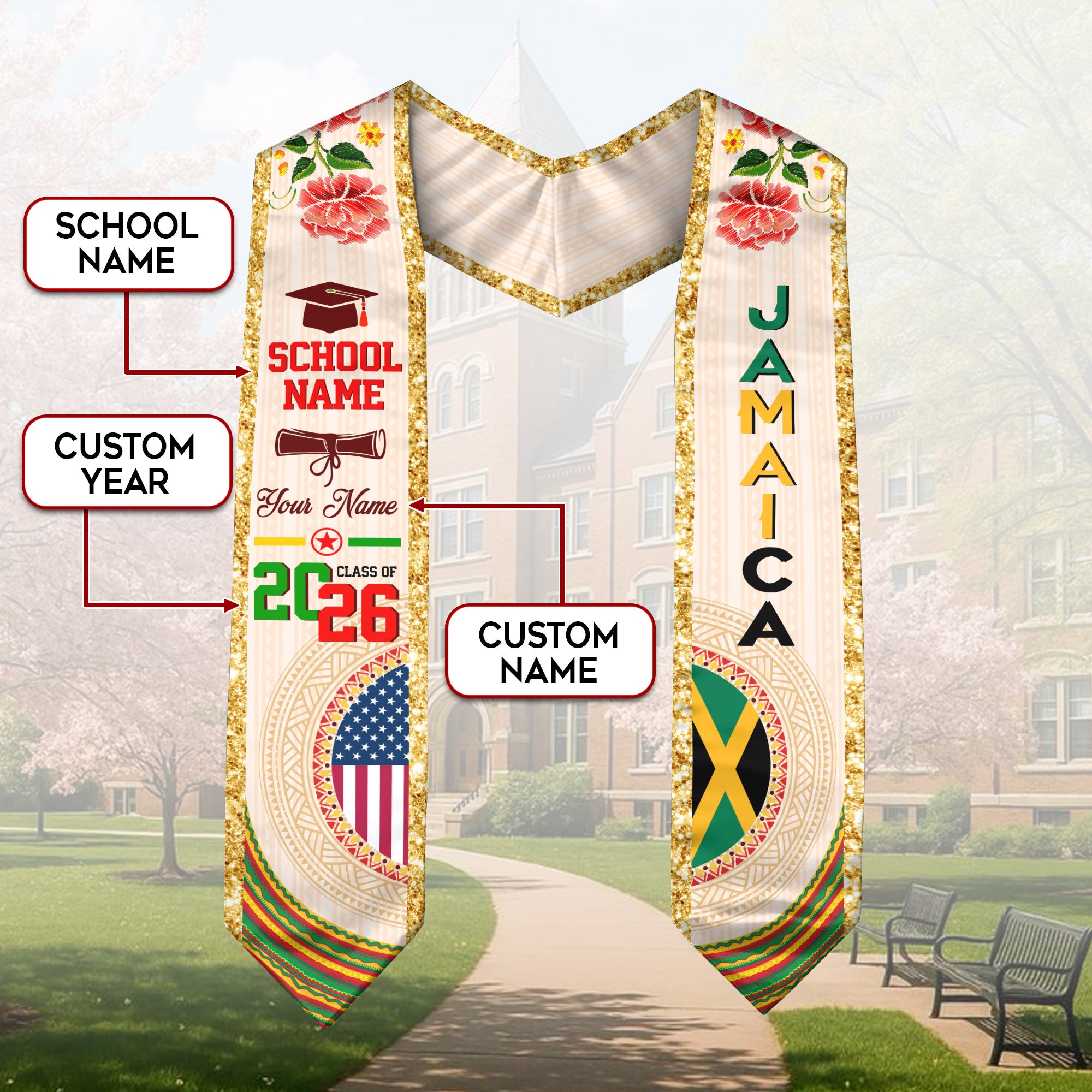 Jamaican Flag Graduation Sash 2026, Jamaica Stole, Custom Detail Option for Graduates