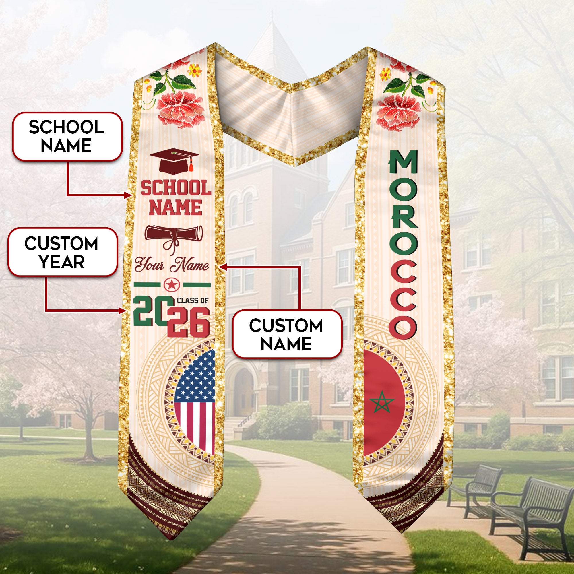 Moroccan Flag Graduation Sash 2026, Morocco Stole, Custom Detail Option for Graduates