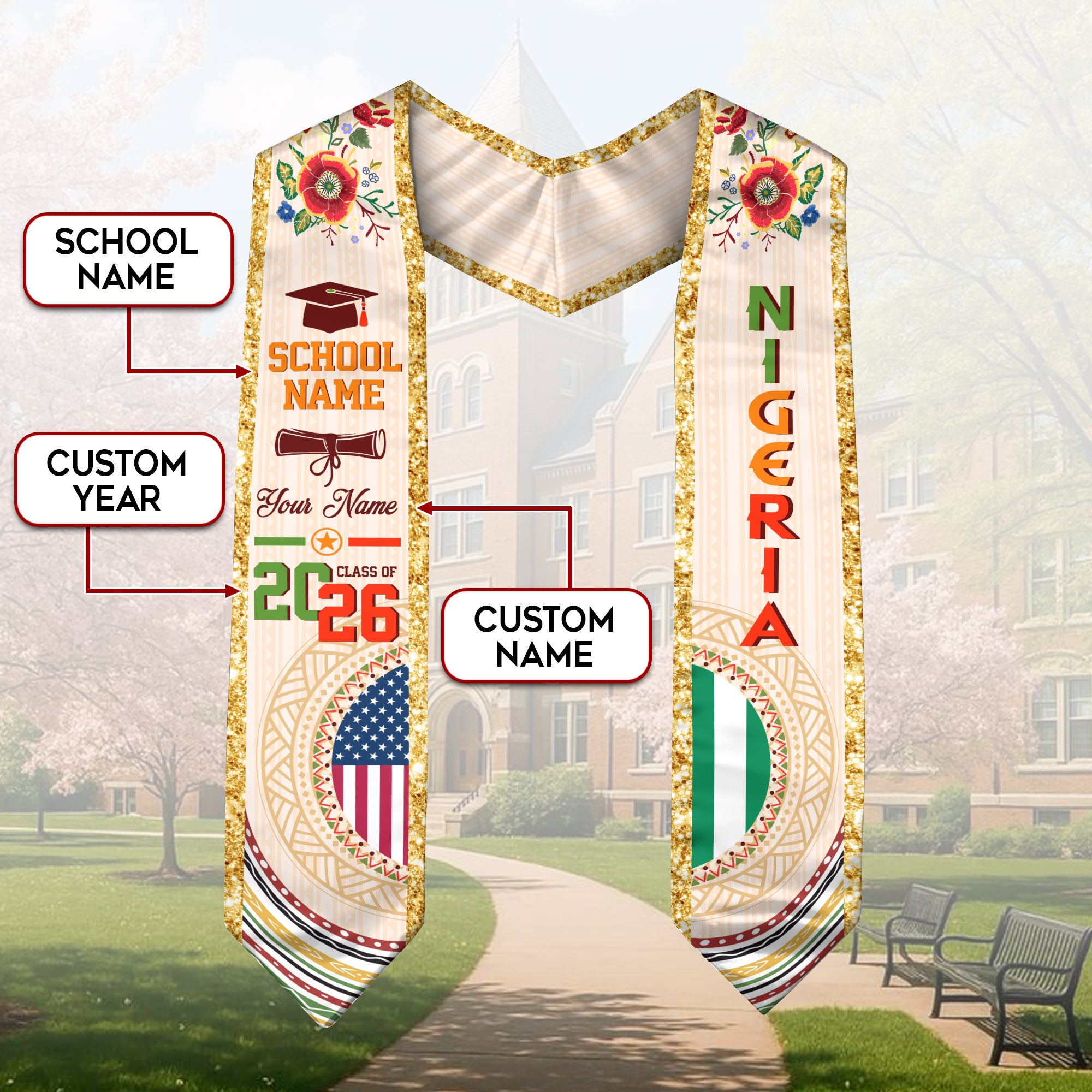 Nigerian Flag Graduation Sash 2026, Nigeria Stole, Custom Detail Option for Graduates