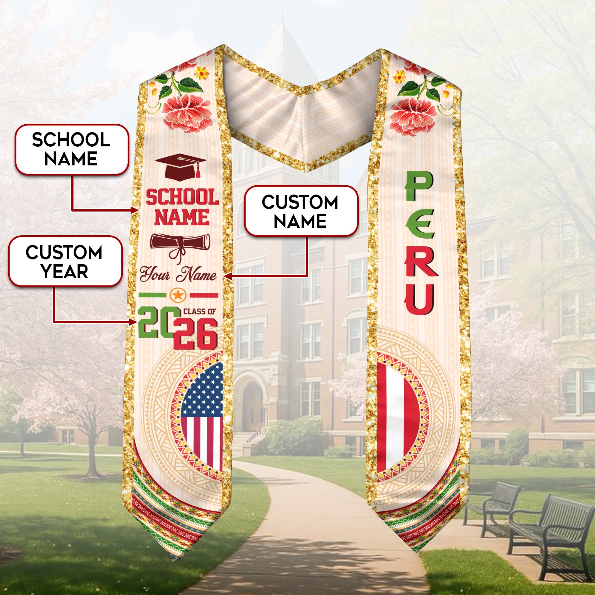 Peruvian Flag Graduation Sash 2026, Peru Stole, Custom Detail Option for Graduates