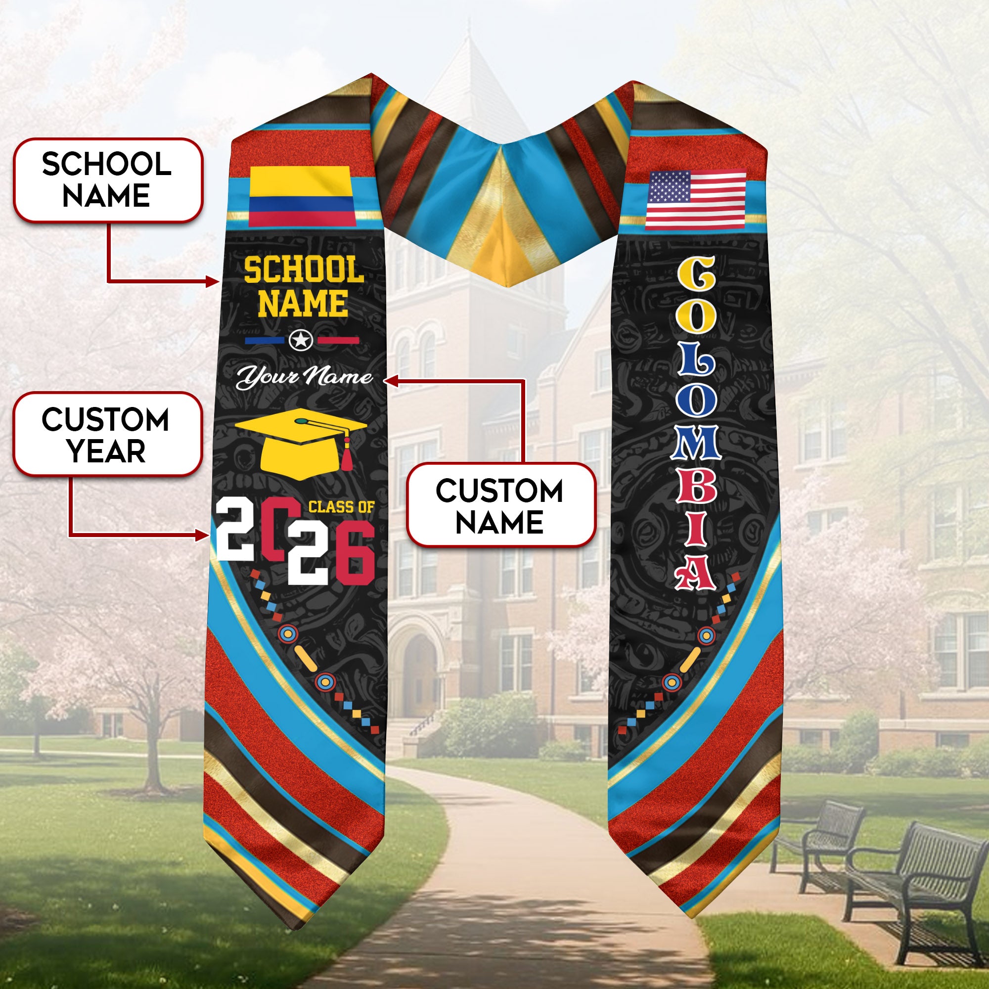 Colombia Flag Graduation Stole 2026, Colombian Grad Sash, Custom Details for Class of 2026