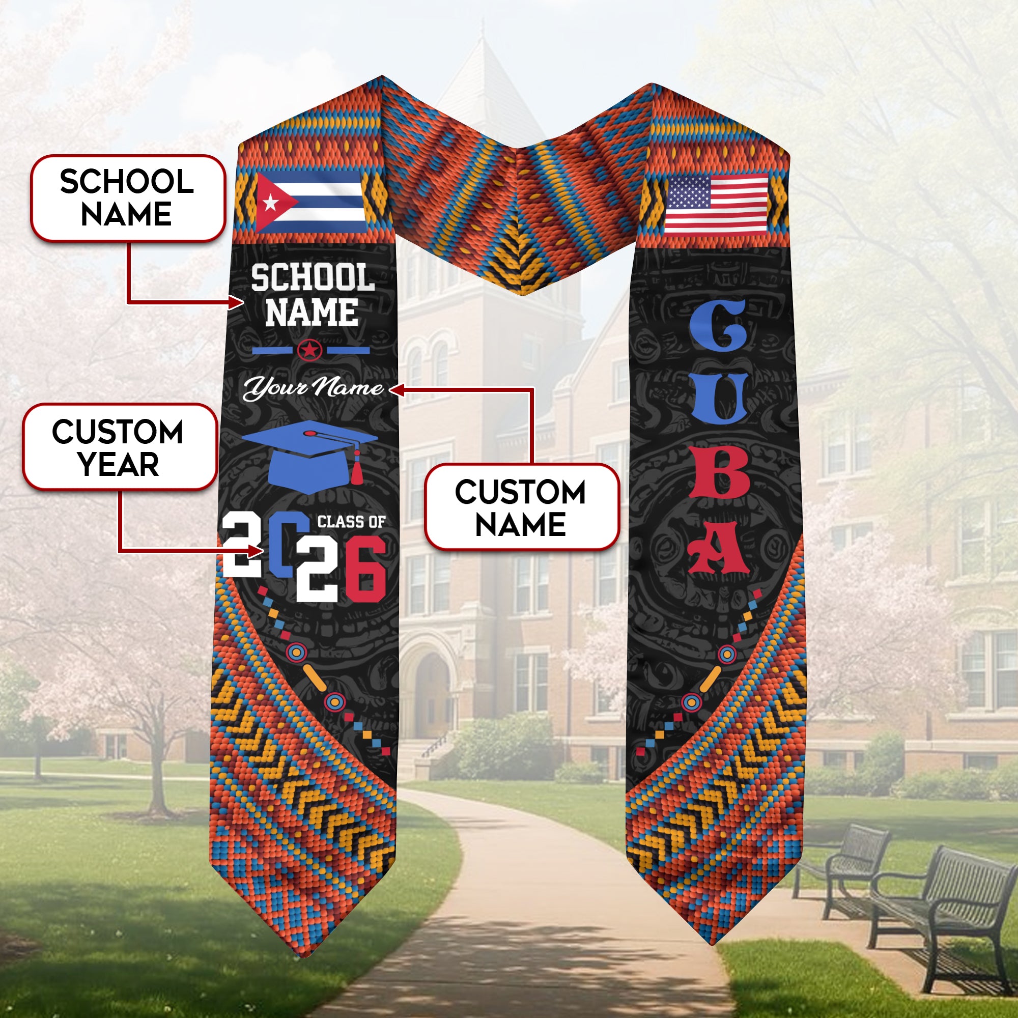 Cuba Flag Graduation Stole 2026, Cuban Grad Sash, Custom Details for Graduates 2026