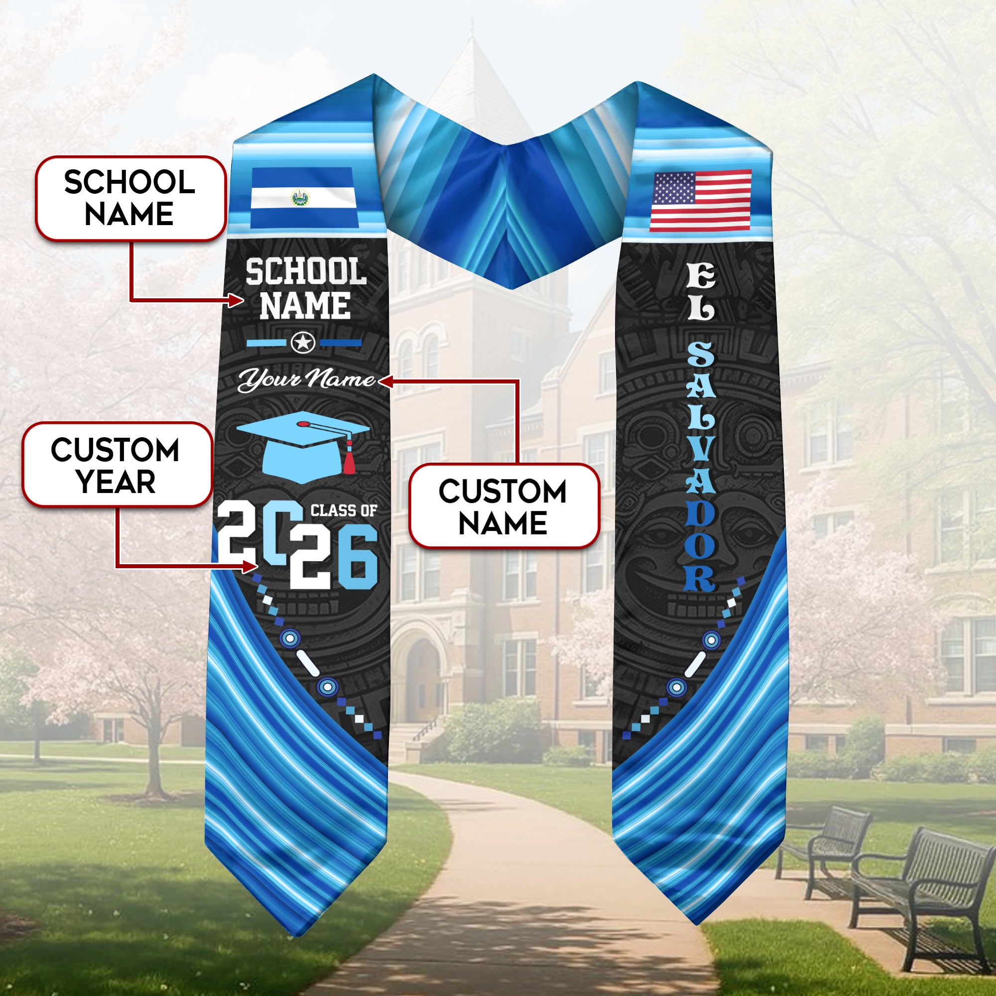 El Salvador Flag Graduation Stole 2026, Salvadoran Grad Sash, Custom Details for 2026