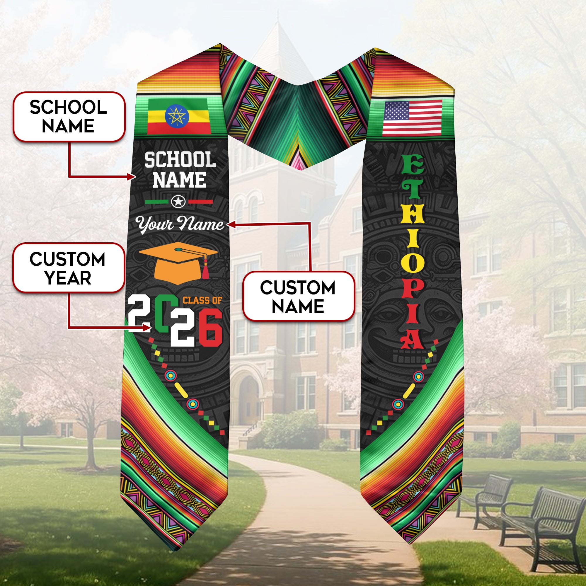 Ethiopia Flag Graduation Stole 2026, Ethiopian Grad Sash, Custom Details for Class of 2026