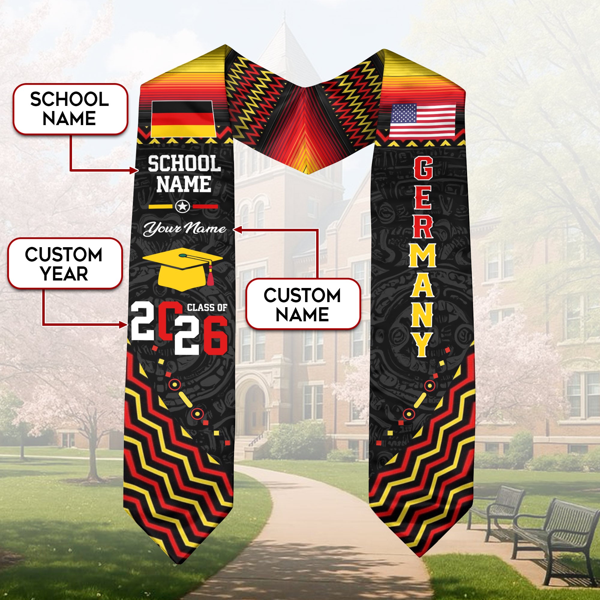 Germany Flag Graduation Stole 2026, German Grad Sash, Custom Details for Class of 2026