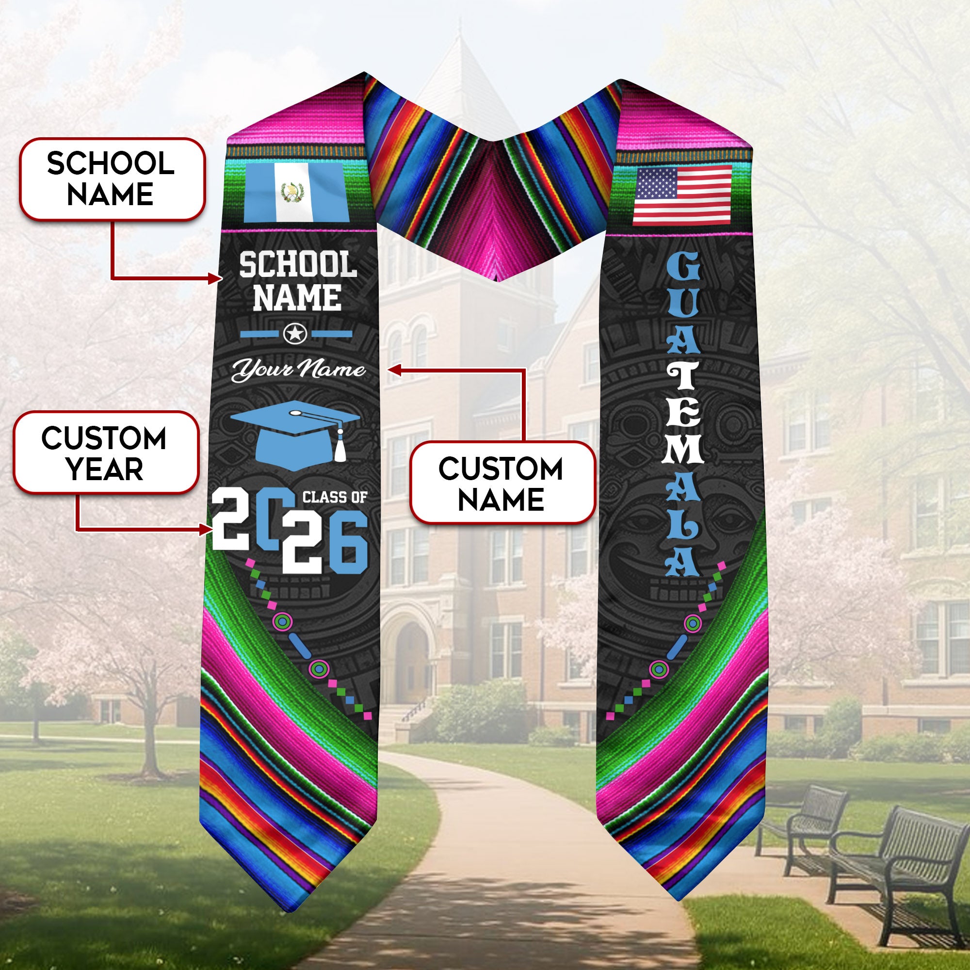 Guatemala Flag Graduation Stole 2026, Guatemalan Grad Sash, Custom Details for Class of 2026