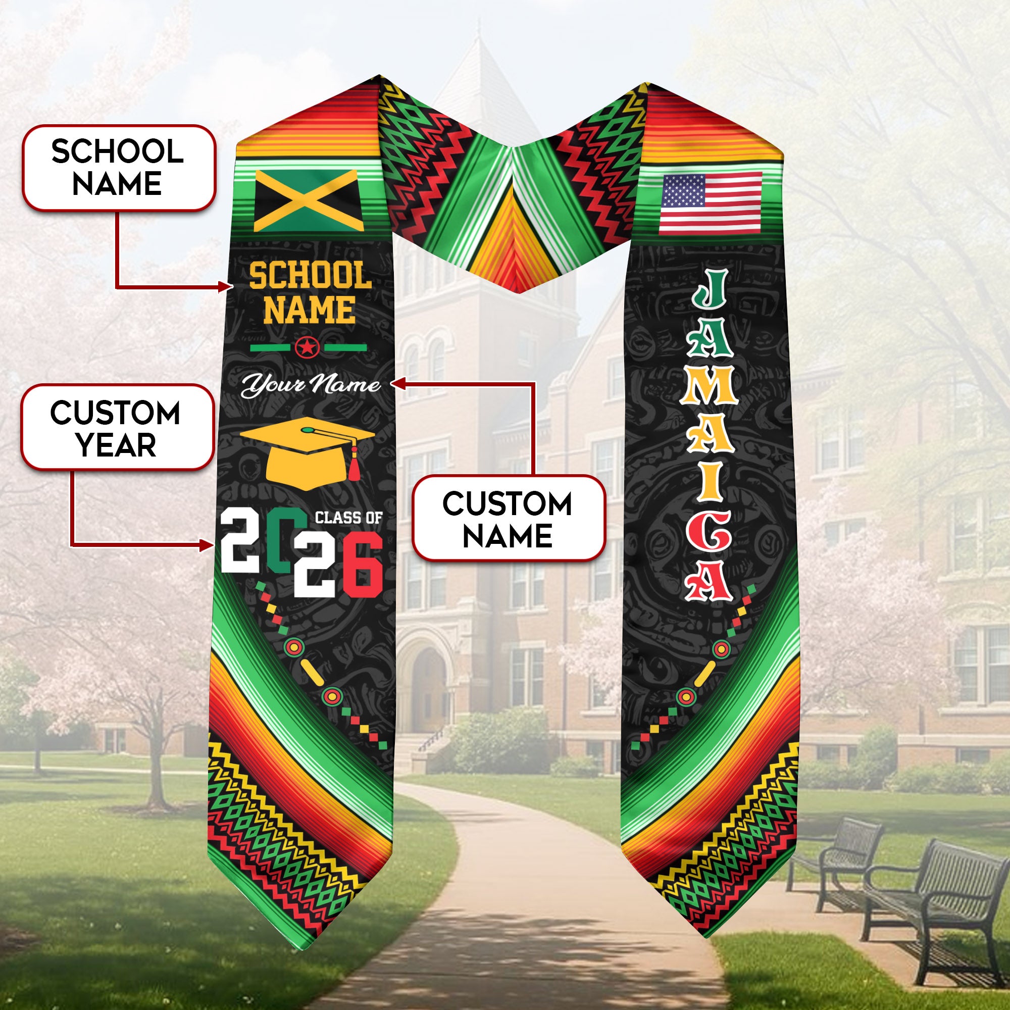 Jamaica Flag Graduation Stole 2026, Jamaican Grad Sash, Custom-Ready Gift Stole 2026
