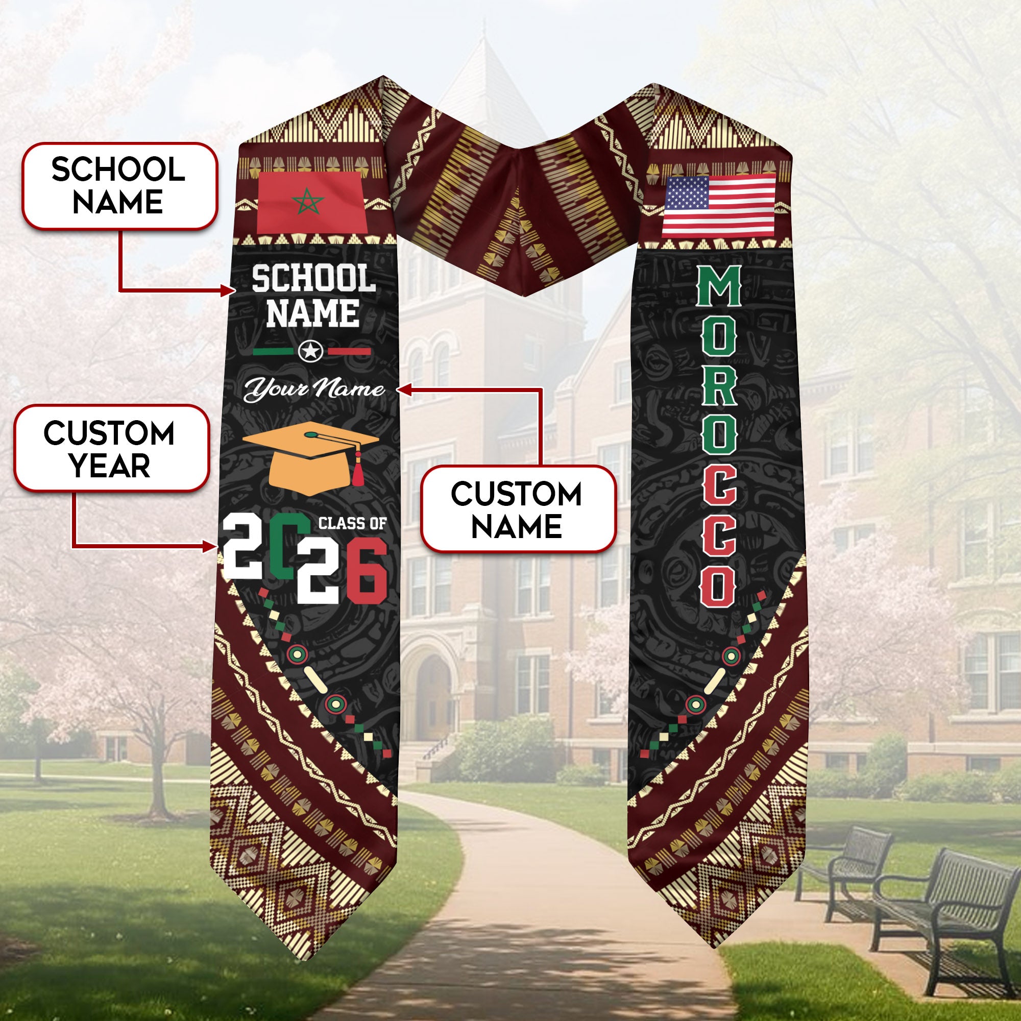 Morocco Flag Graduation Stole 2026, Moroccan Grad Sash, Custom-Ready Gift Stole 2026