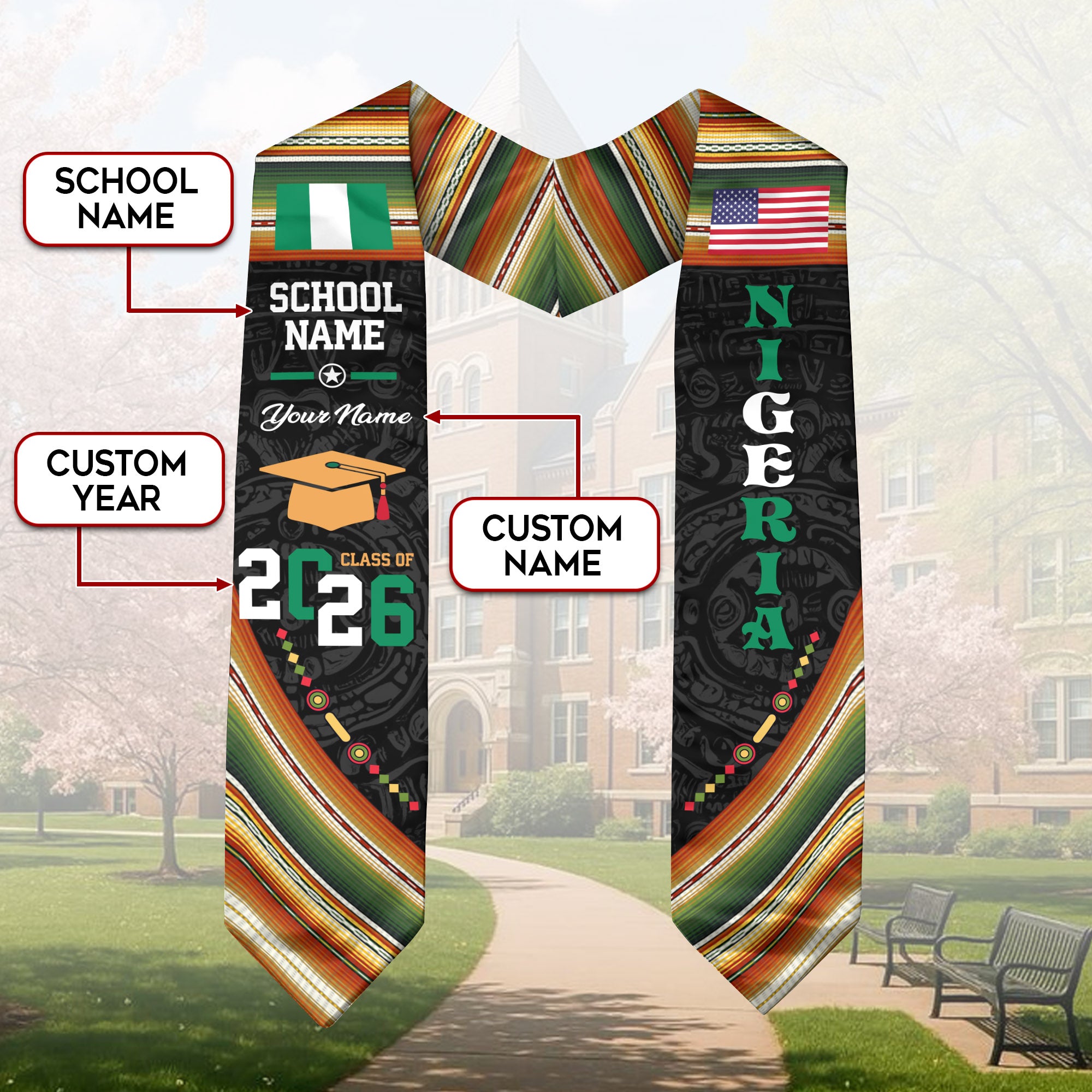 Nigeria Flag Graduation Stole 2026, Nigerian Grad Sash, Custom-Ready Gift Stole 2026