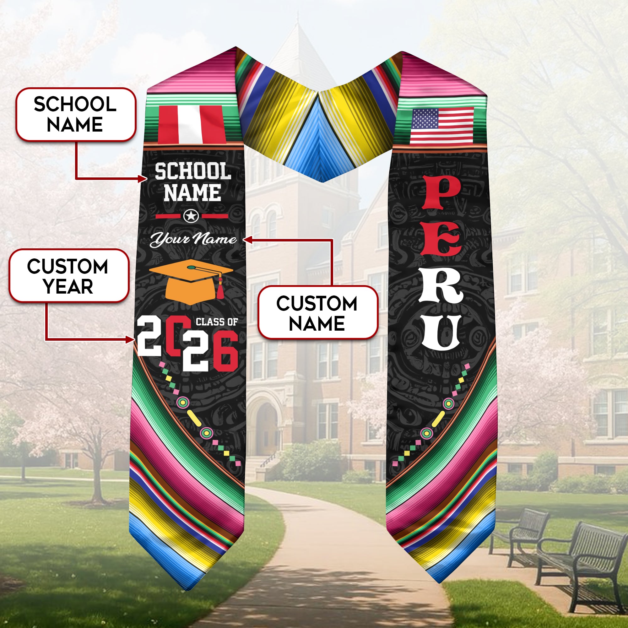 Peru Flag Graduation Stole 2026, Peruvian Grad Sash, Custom-Ready Gift Stole 2026