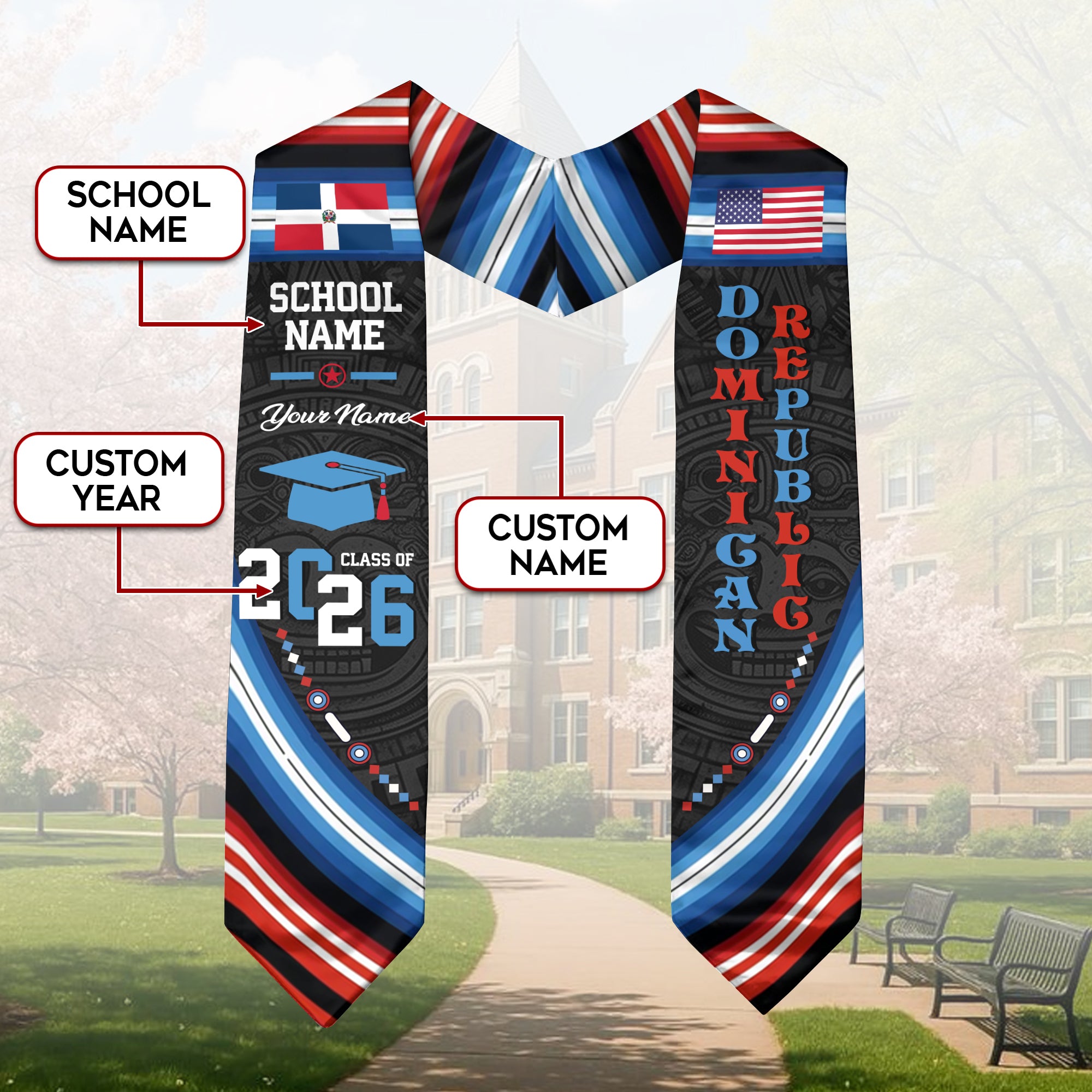 Dominican Republic Flag Graduation Stole 2026, Dominican Republic Grad Sash, Custom Details for Class of 2026