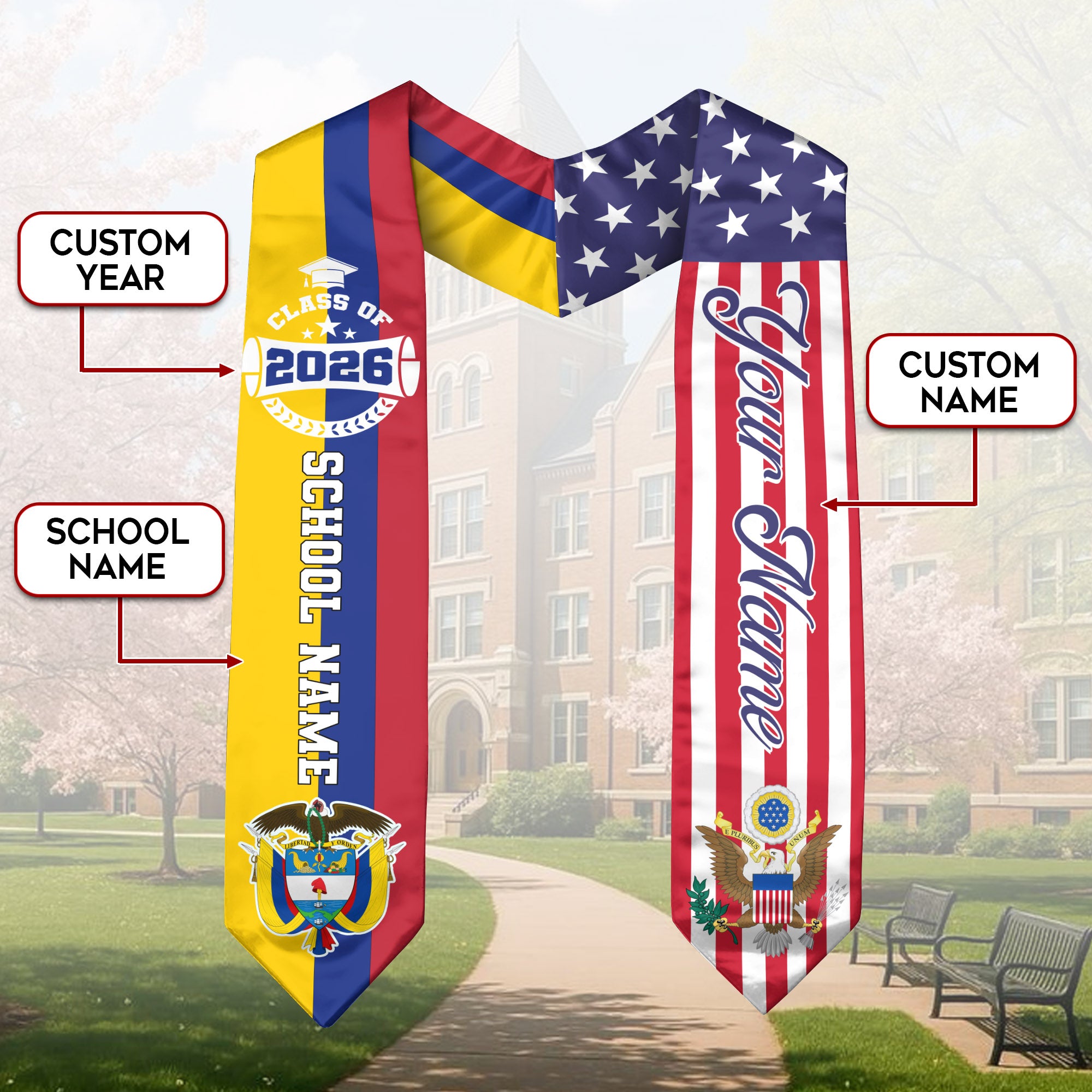 Colombian Graduation Stole 2026, Colombia Flag Sash, Graduation Stole with Custom Accent