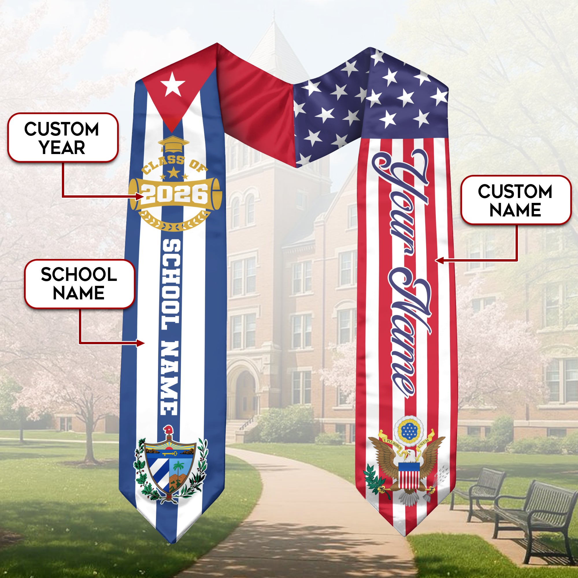 Cuban Graduation Stole 2026, Cuba Flag Sash, Graduation Stole with Custom Accent