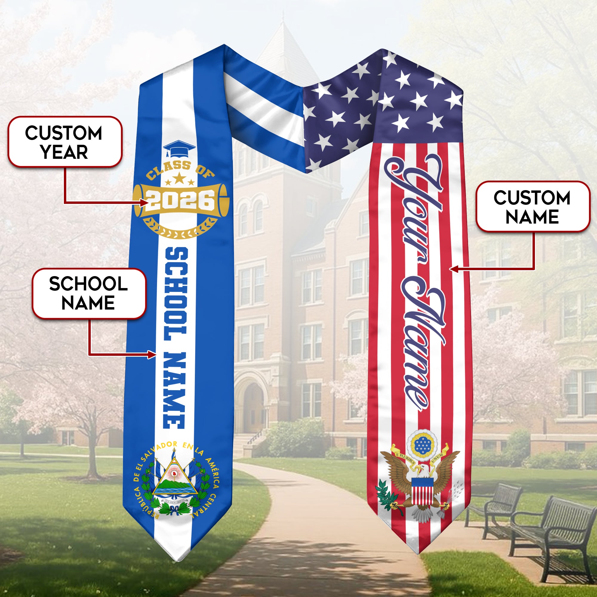 Salvadoran Graduation Stole 2026, El Salvador Flag Sash, Graduation Stole Custom Accent