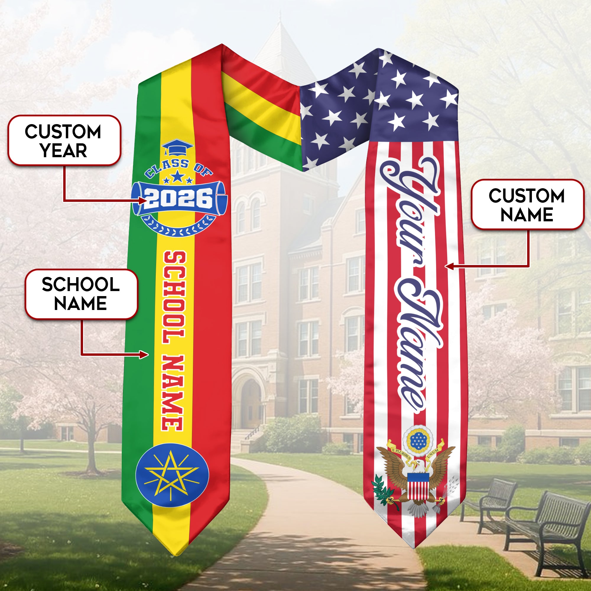Ethiopian Graduation Stole 2026, Ethiopia Flag Sash, Custom Touch Graduation Stole 2026