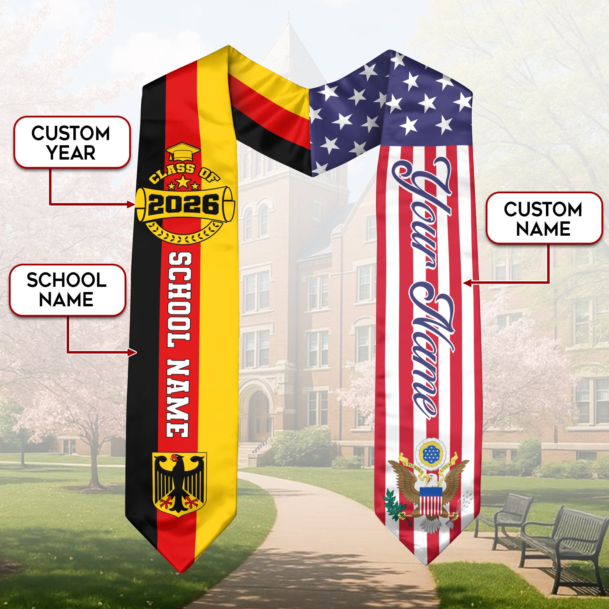German Graduation Stole 2026, Germany Flag Sash, Custom Touch Graduation Stole 2026
