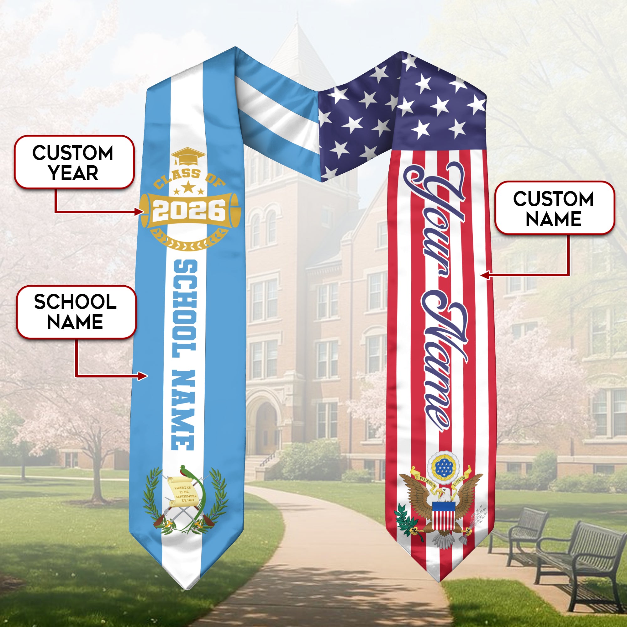 Guatemalan Graduation Stole 2026, Guatemala Flag Sash, Custom Touch Graduation Stole 2026
