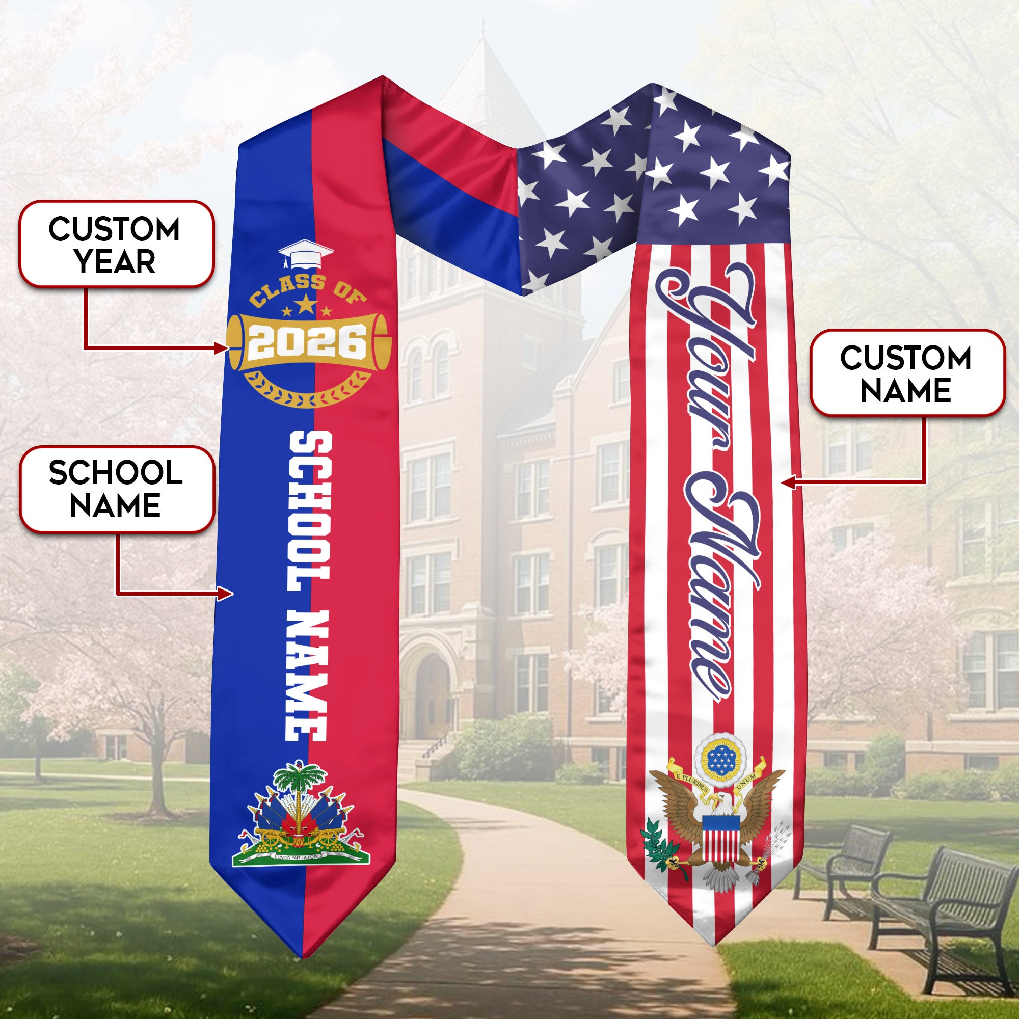 Haitian Flag Graduation Stole 2026, Haiti Sash Stole, Custom-Ready Gift for Graduates