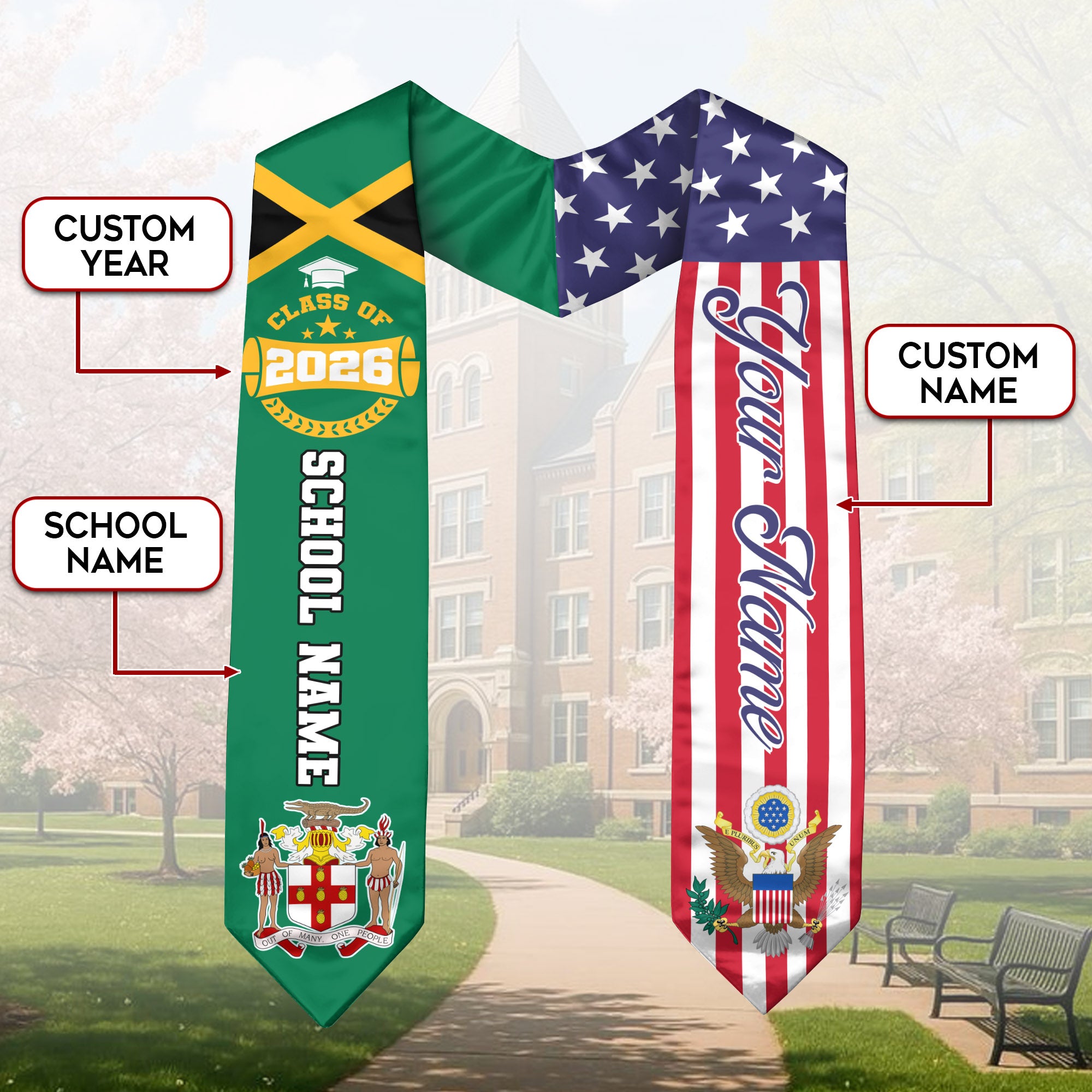 Class of 2026 Jamaica Graduation Stole, Jamaican Flag Sash, Custom Style Grad Accessory
